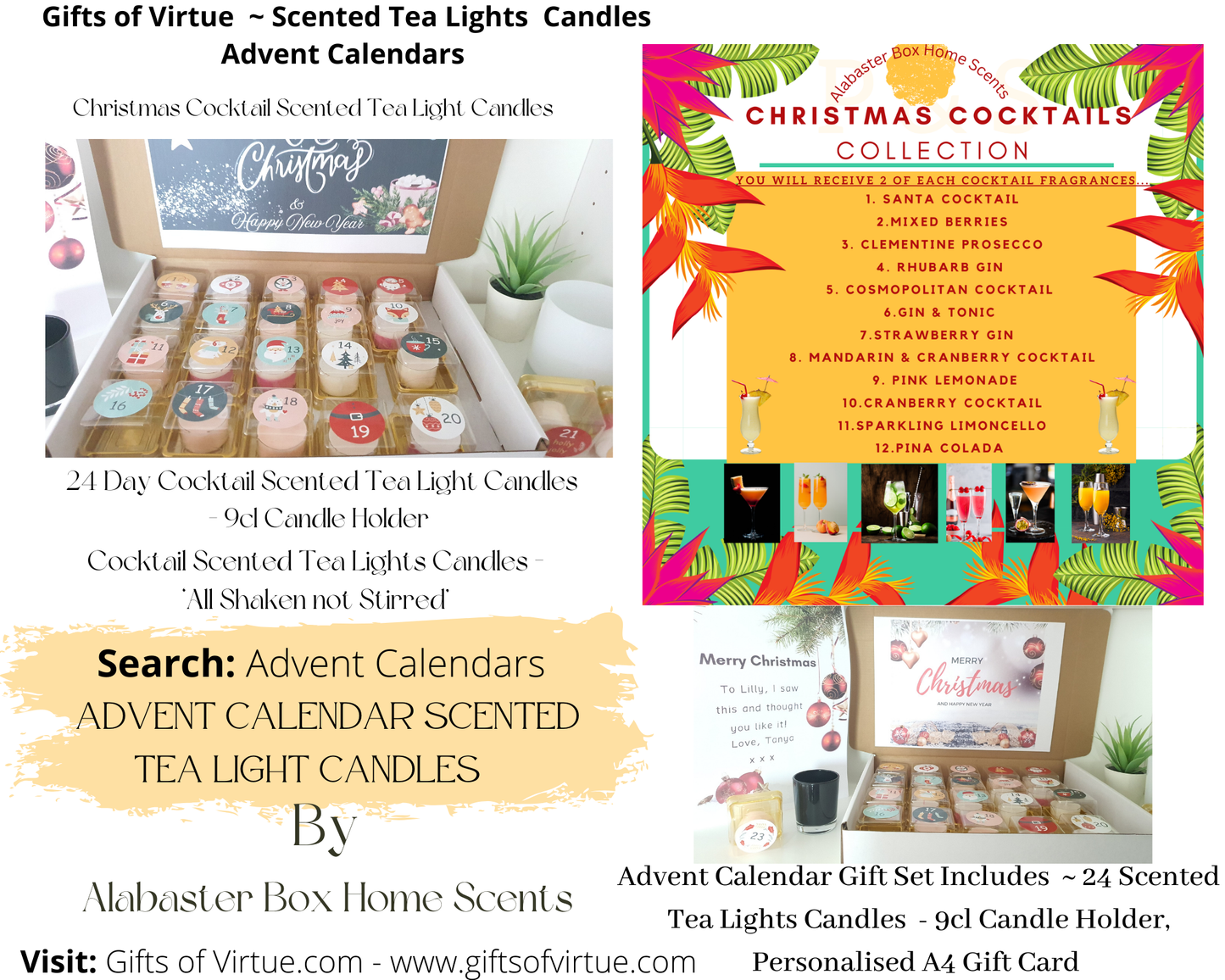24 Day Christmas Advent Tea Light Candles - Cocktail Scented
