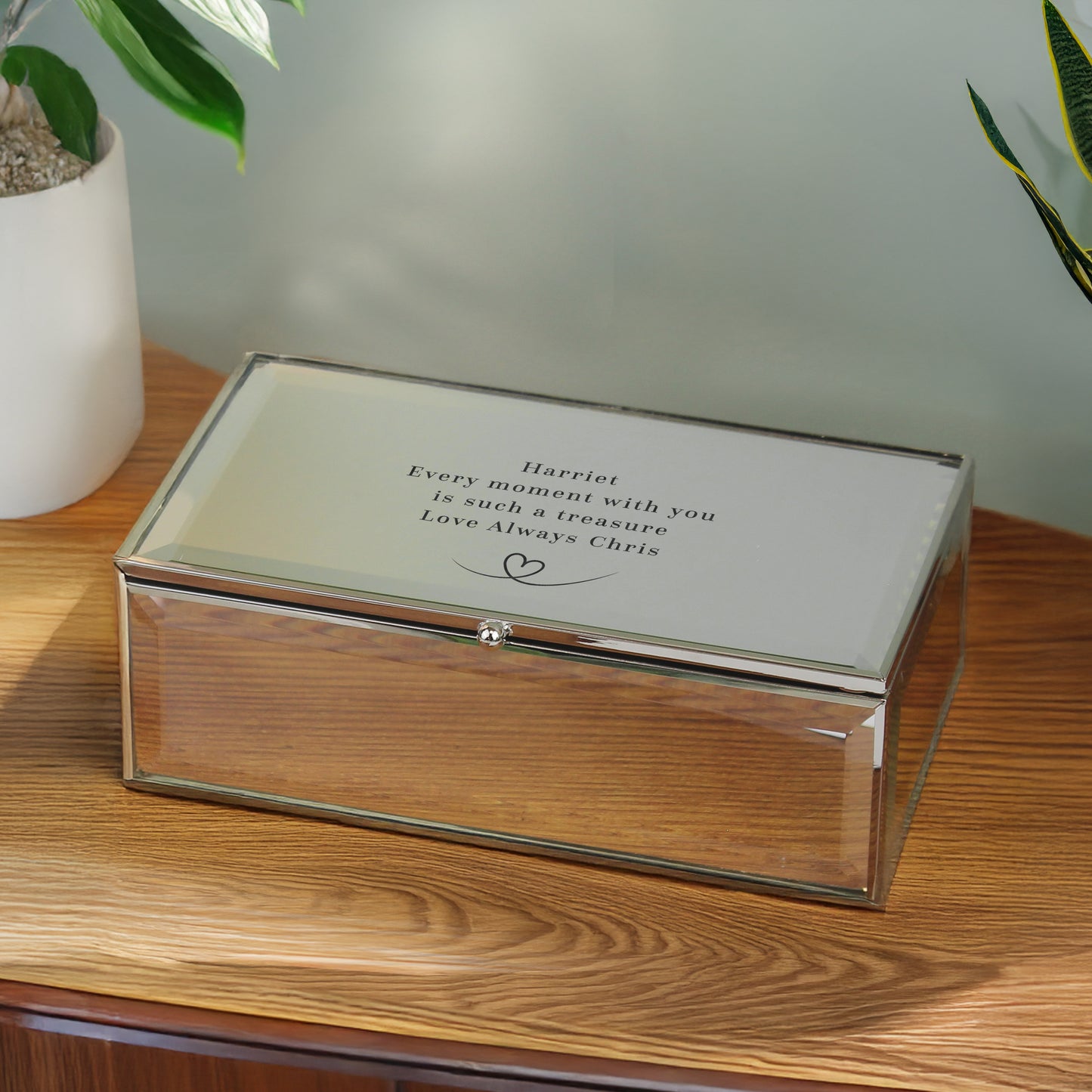 Personalised Mirrored Jewellery Box, Any Message, Silver Trinket Storage Box