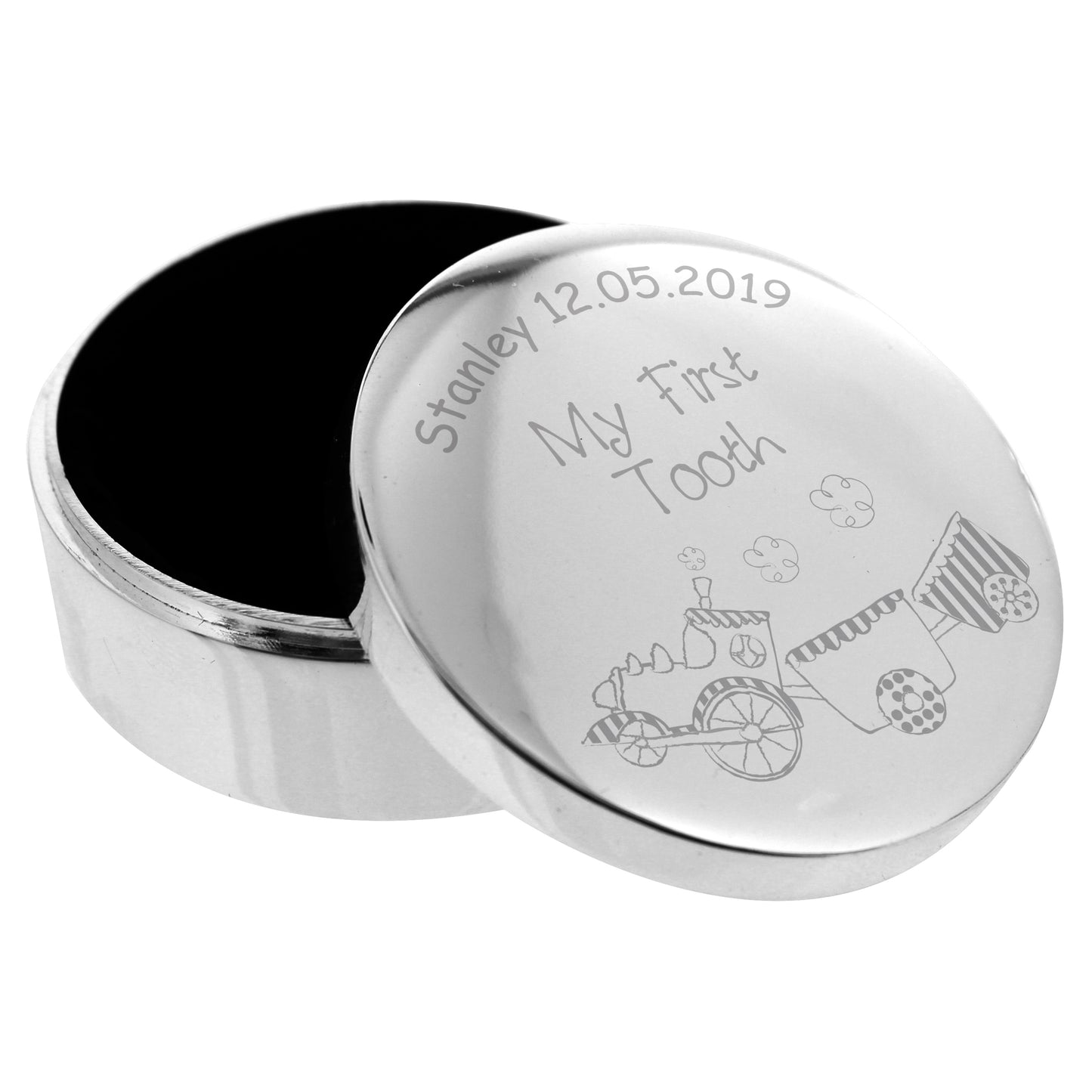 Personalised Circle Silver 1st Tooth Trinket Box