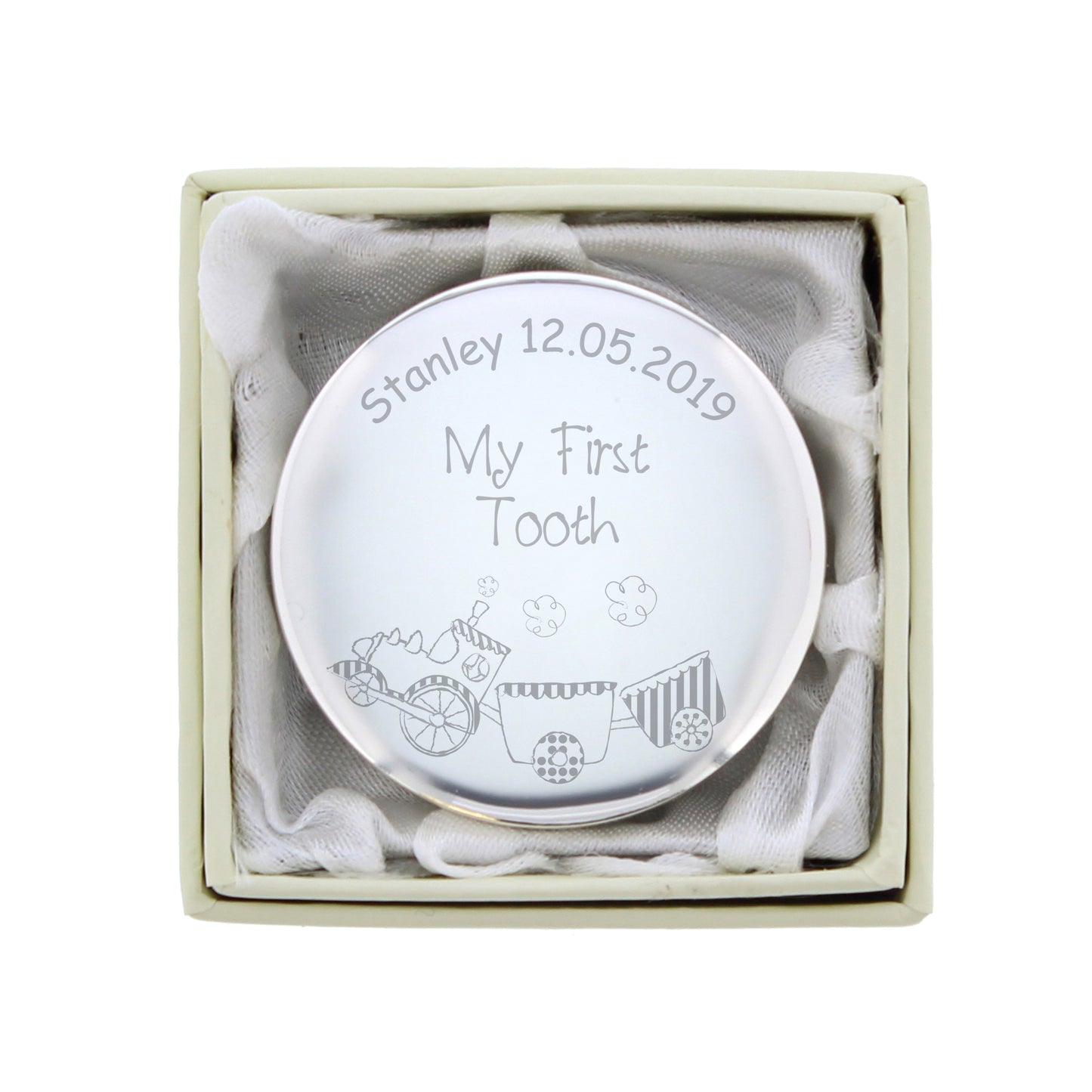 Personalised Circle Silver 1st Tooth Trinket Box