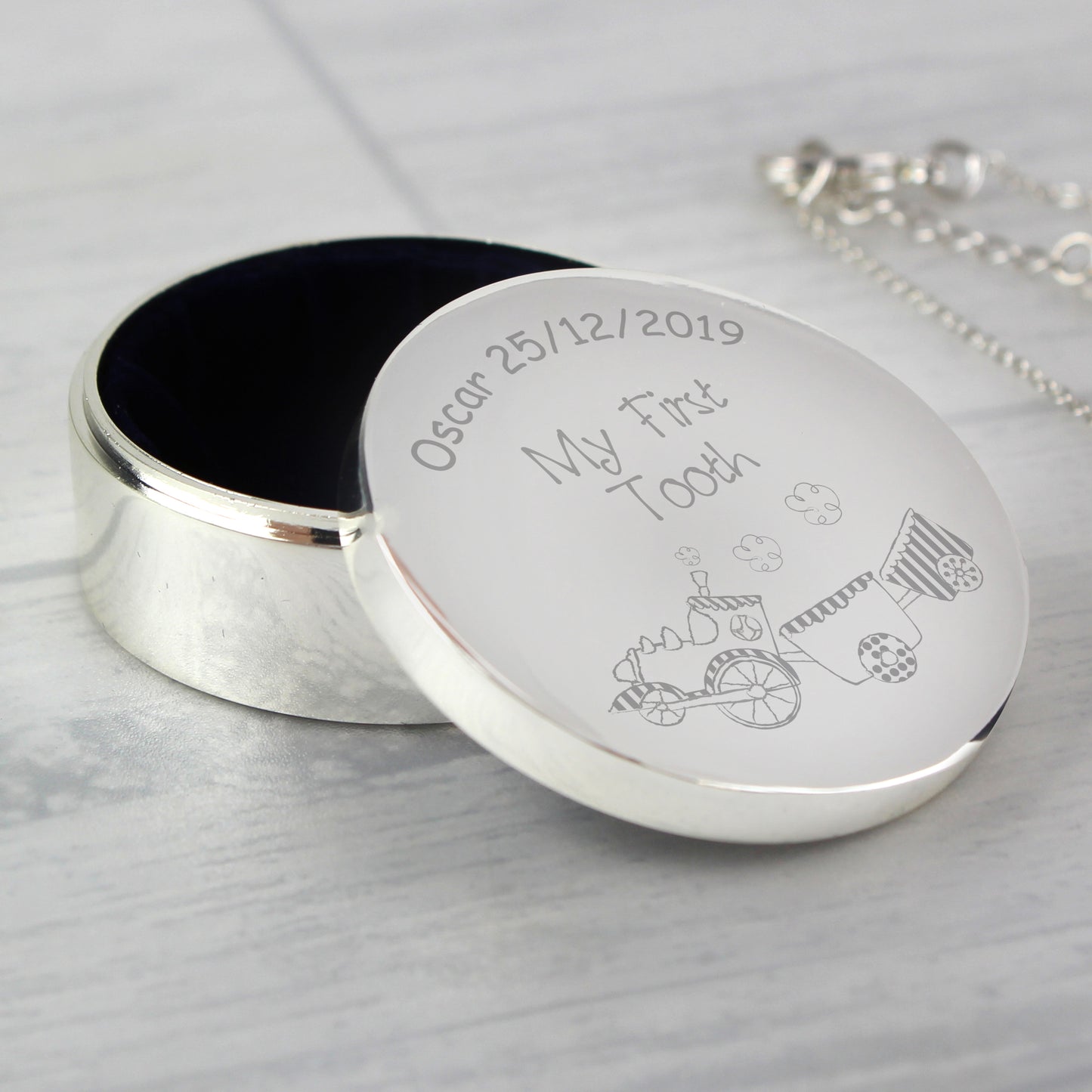 Personalised Circle Silver 1st Tooth Trinket Box