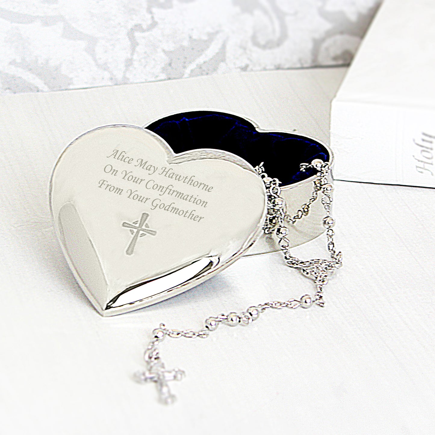 Rosary Beads and Cross Heart Trinket Box