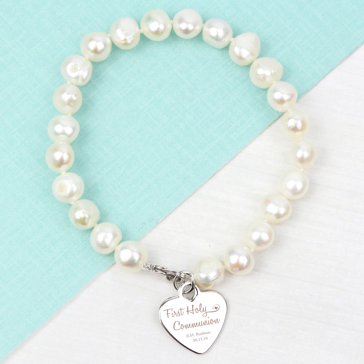 First Holy Communion Swirls & Hearts White Freshwater Pearl Bracelet