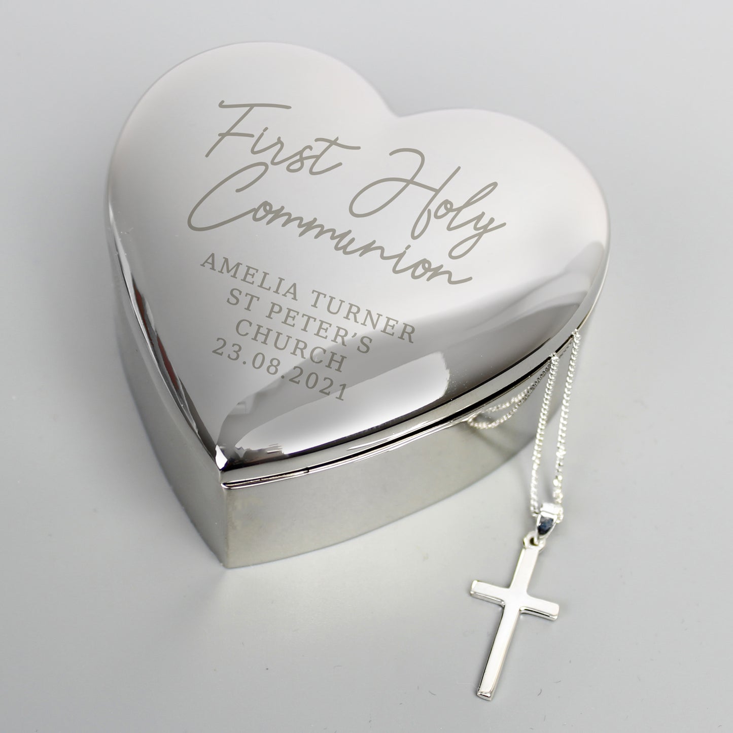 First Holy Communion Heart Trinket Box & Cross Necklace Set