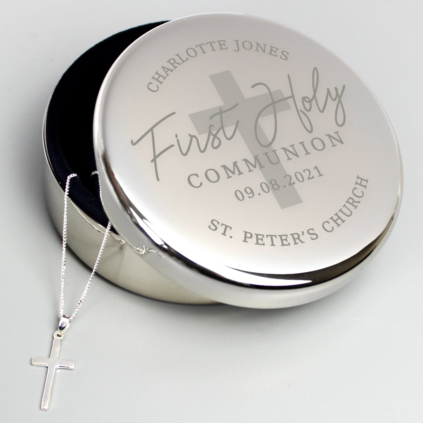 First Holy Communion Round Trinket Box & Cross Necklace Set