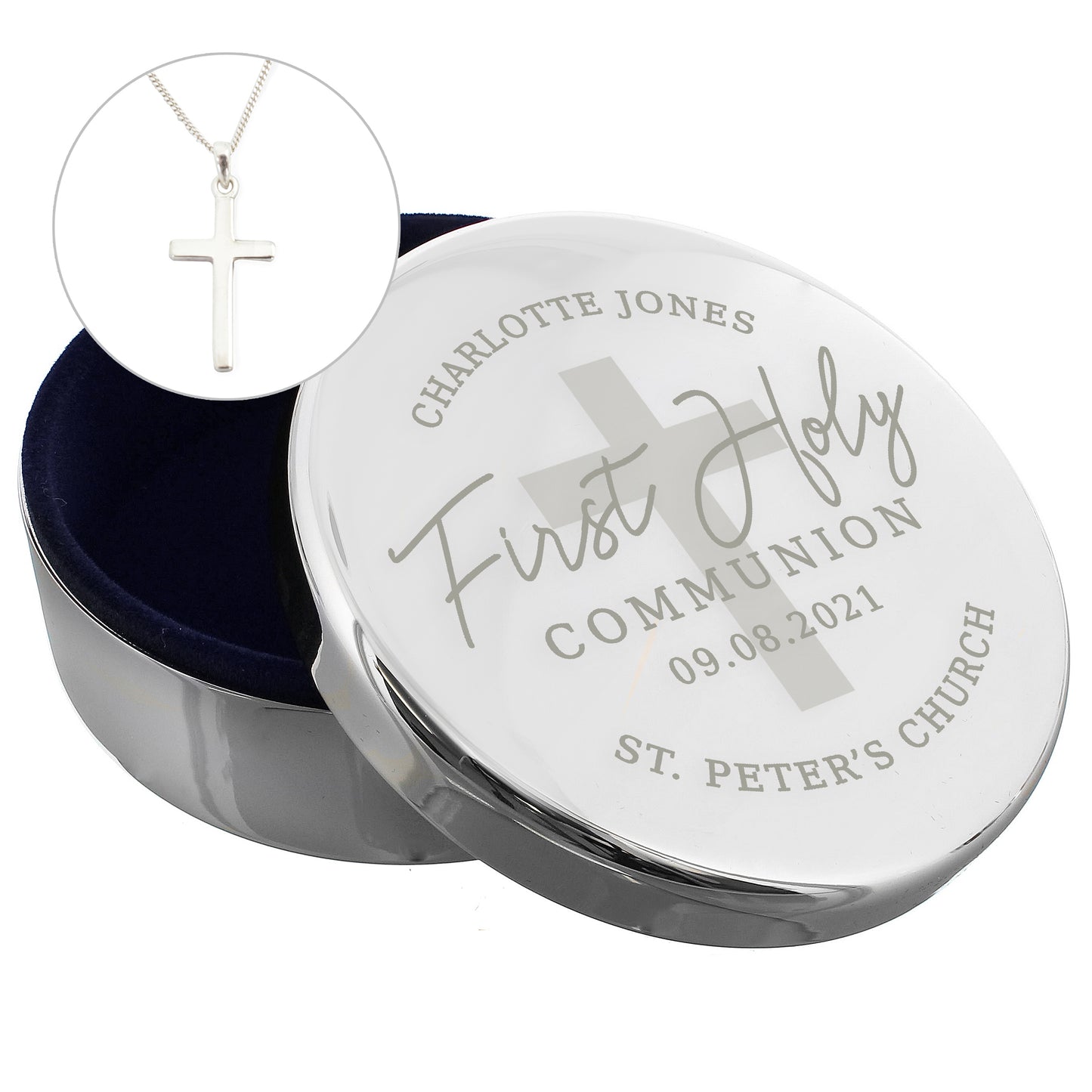 First Holy Communion Round Trinket Box & Cross Necklace Set