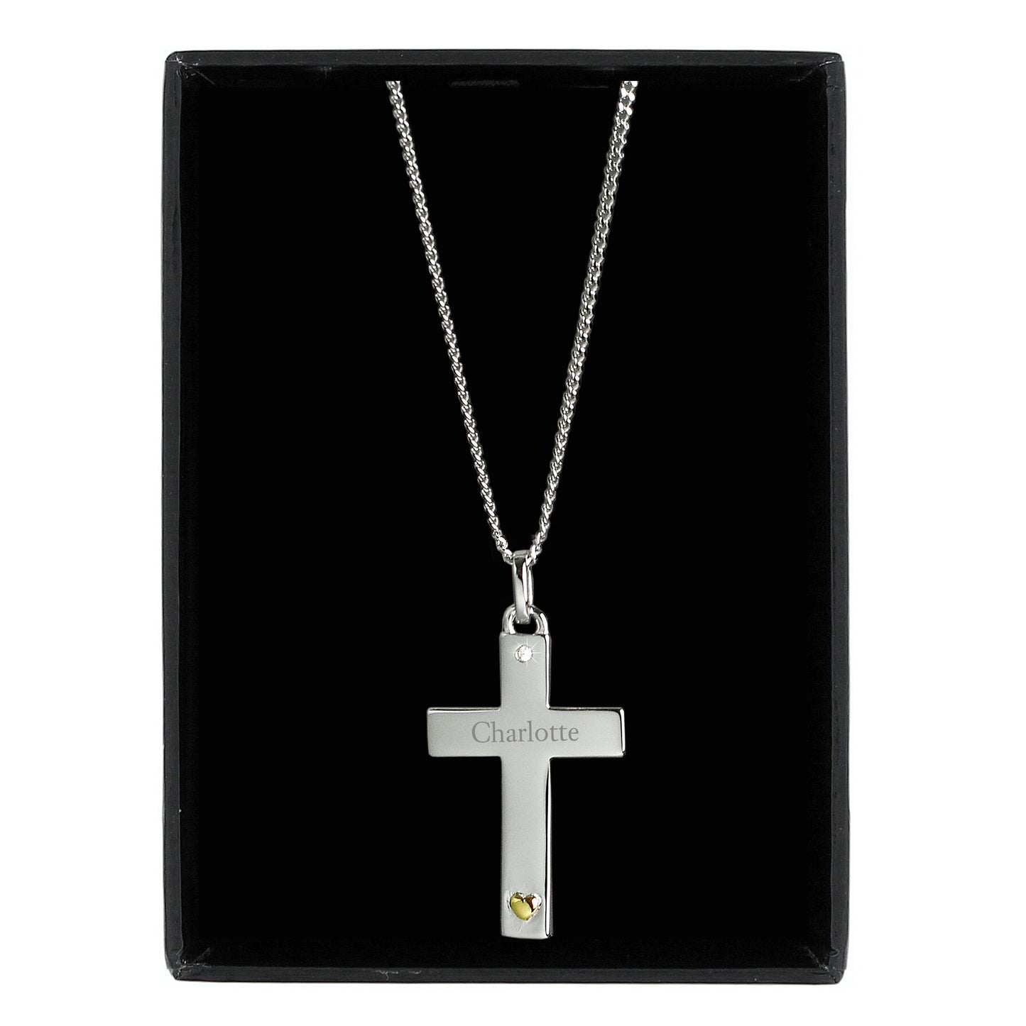 Sterling Silver Cross with 9ct Gold Heart & CZ Necklace