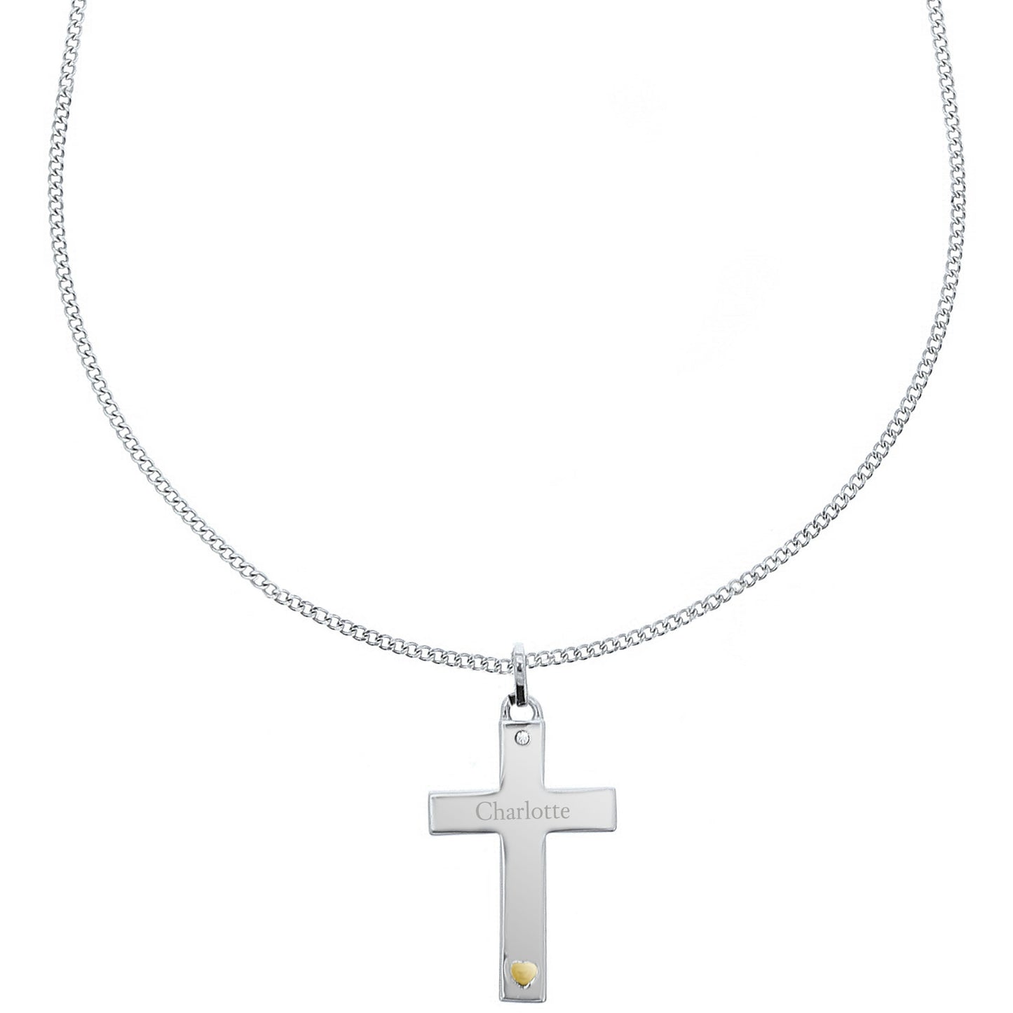 Sterling Silver Cross with 9ct Gold Heart & CZ Necklace