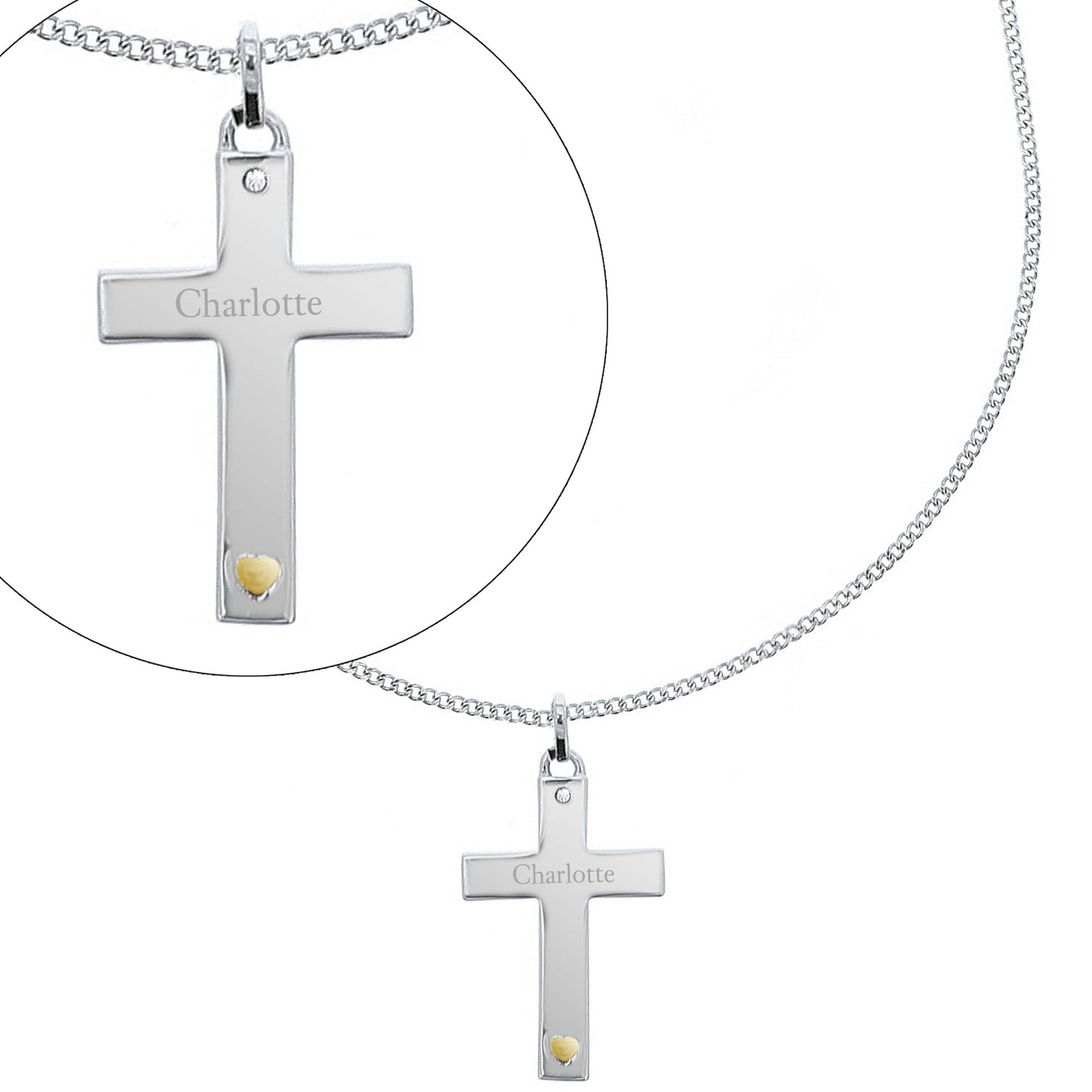 Sterling Silver Cross with 9ct Gold Heart & CZ Necklace
