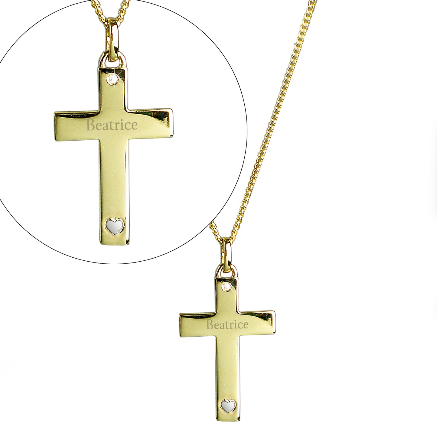 9ct Gold Cross with Sterling Silver Heart & CZ Necklace