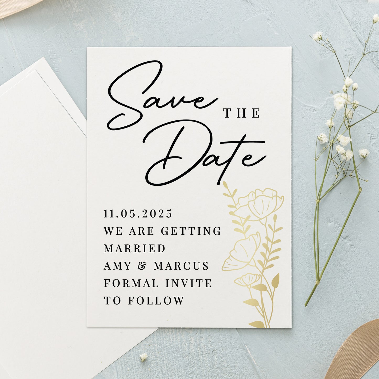 Wedding Invites Save the Dates, Floral Gold