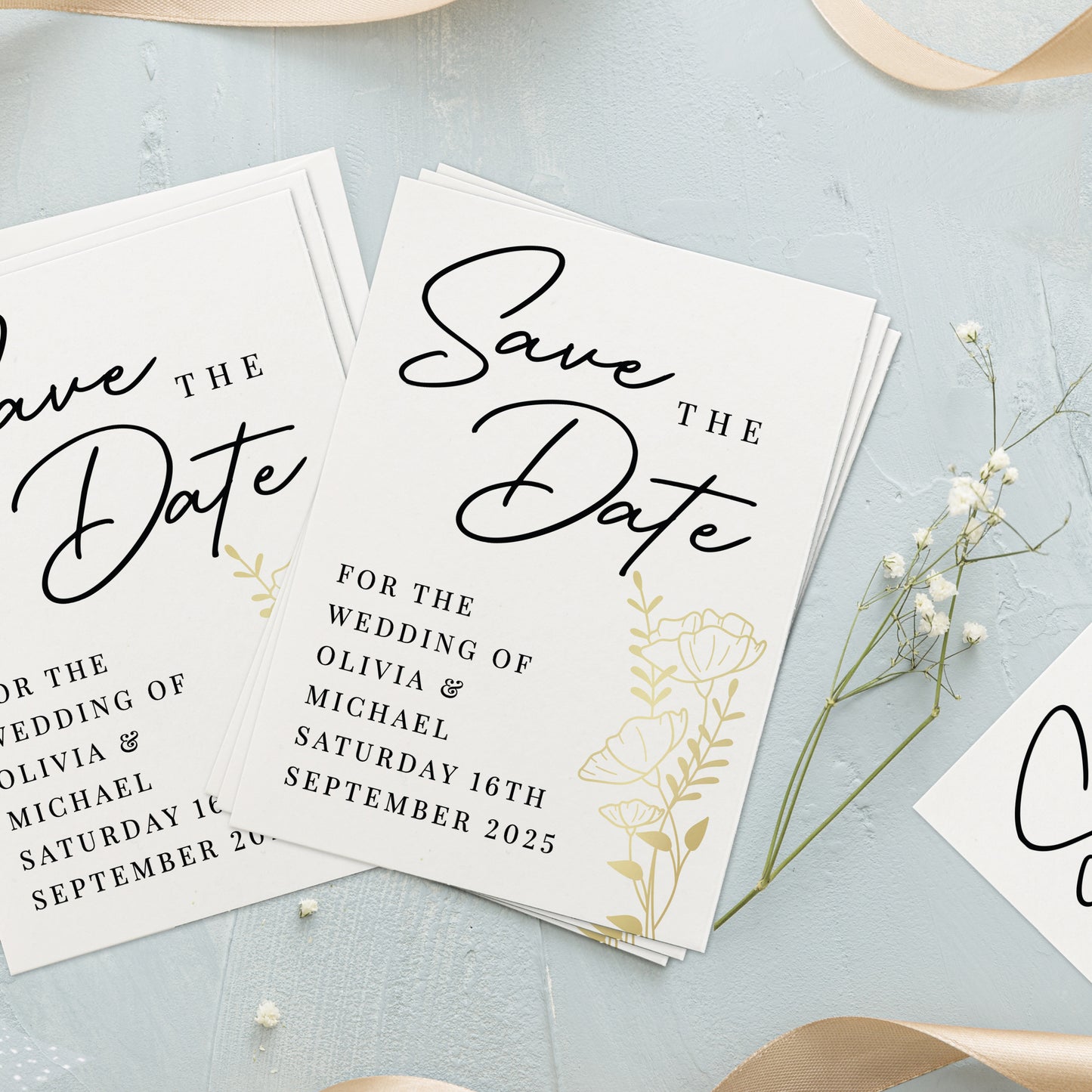 Wedding Invites Save the Dates, Floral Gold