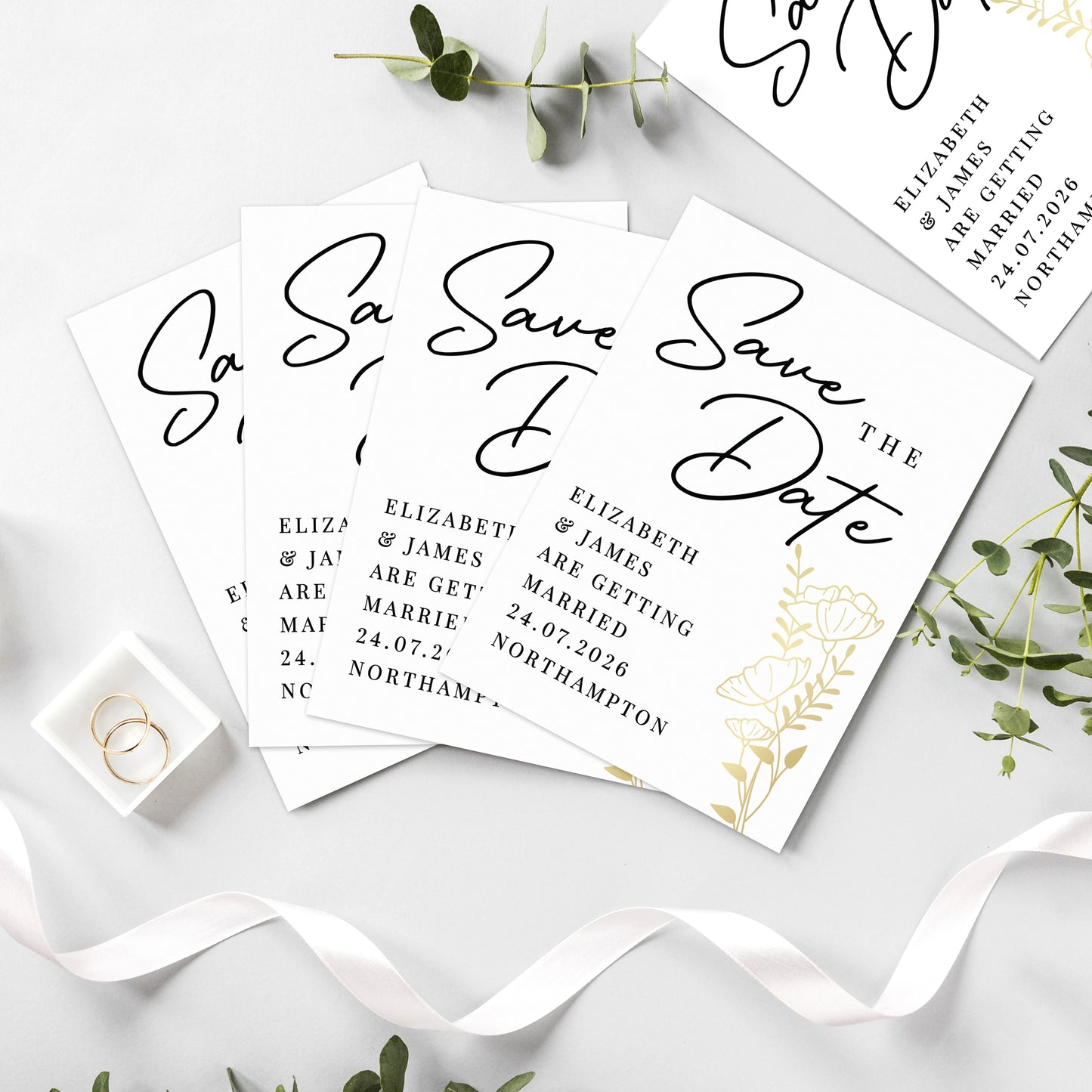 Wedding Invites Save the Dates, Floral Gold