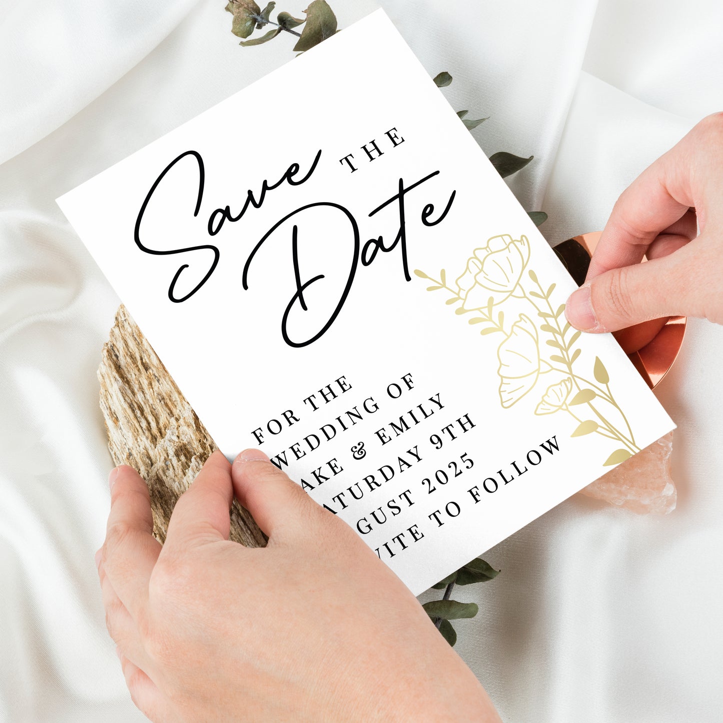 Wedding Invites Save the Dates, Floral Gold
