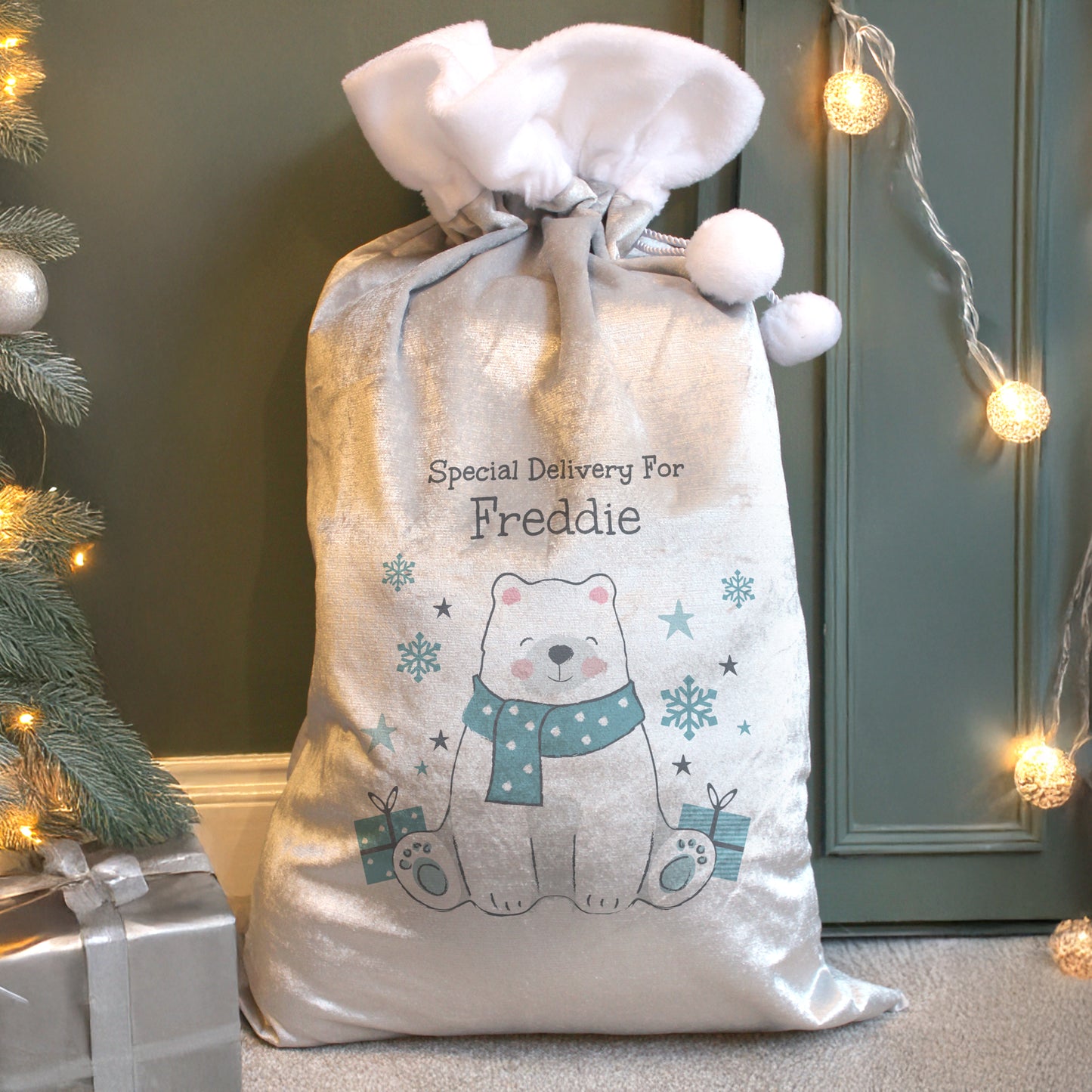 Children's Personalised Polar Bear Santa Christmas Sack, Luxury Christmas Sack 68cm, Name Only
