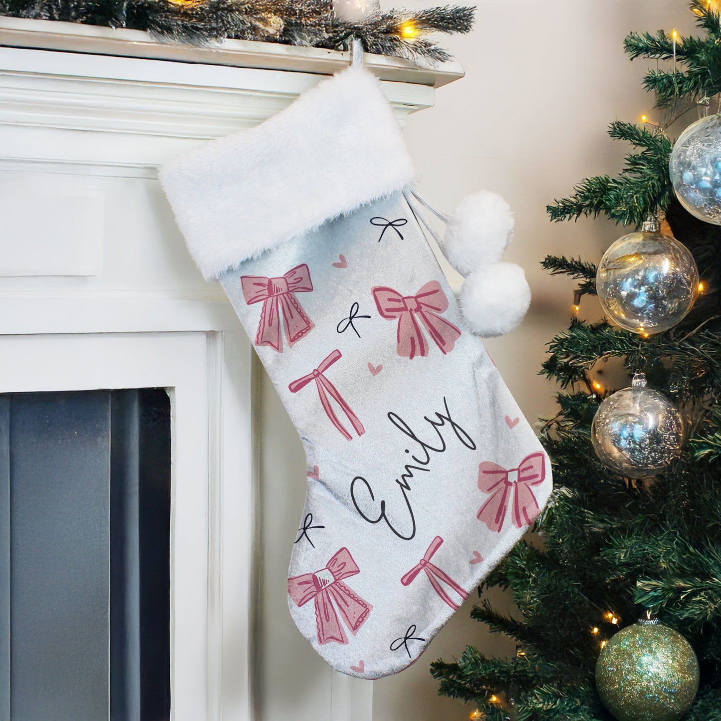 Personalised Grey Pink Christmas Stockings - Cute Pink Bows