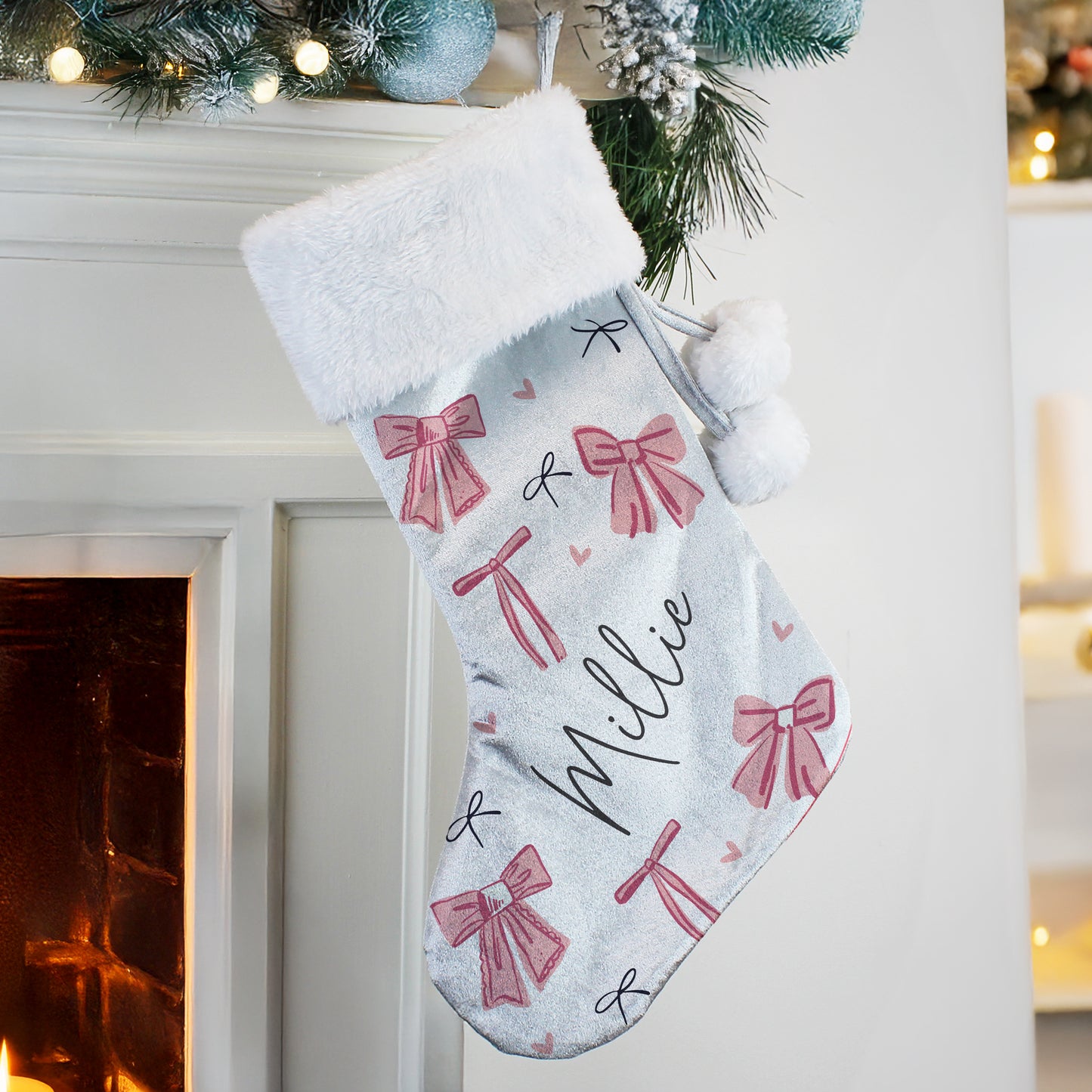 Personalised Grey Pink Christmas Stockings - Cute Pink Bows