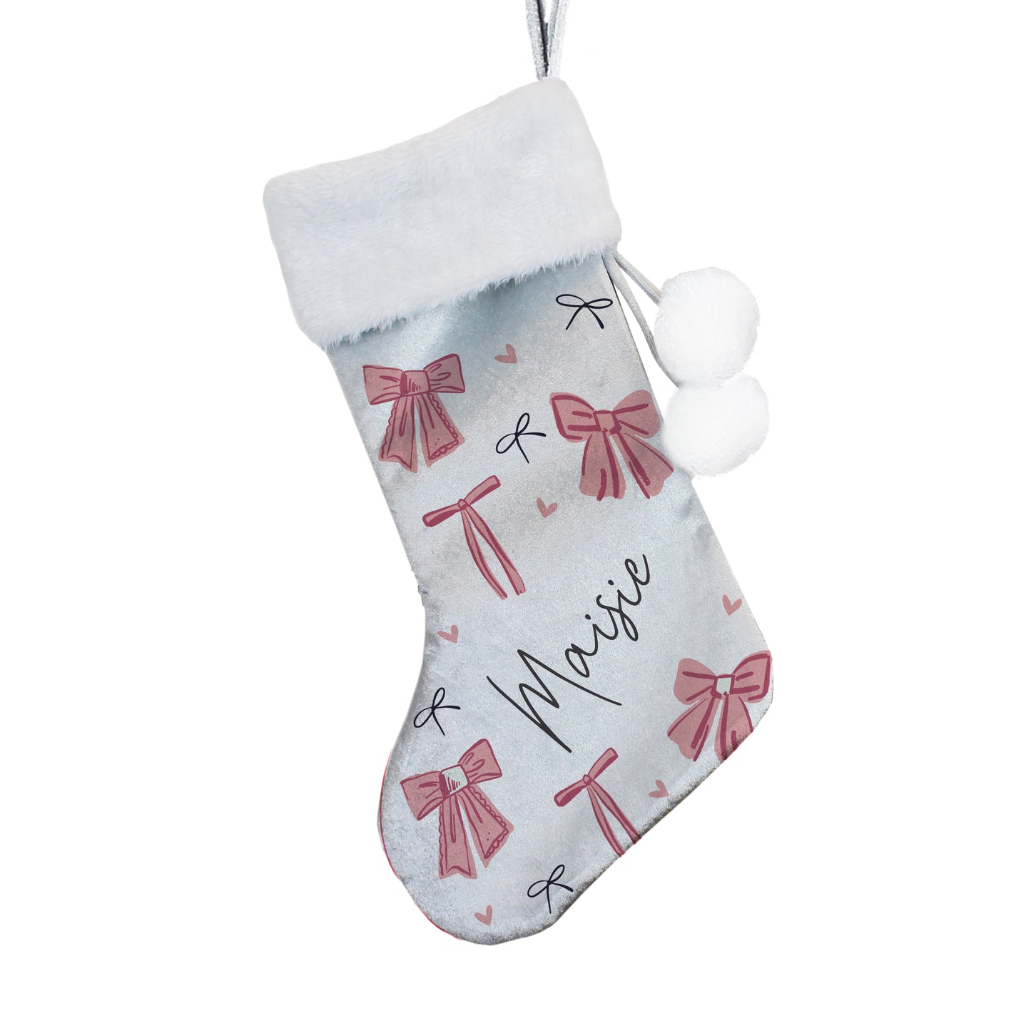 Personalised Grey Pink Christmas Stockings - Cute Pink Bows