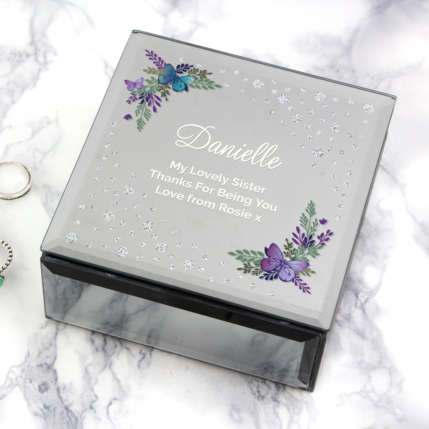 Floral Butterfly Diamante Glass Trinket Box