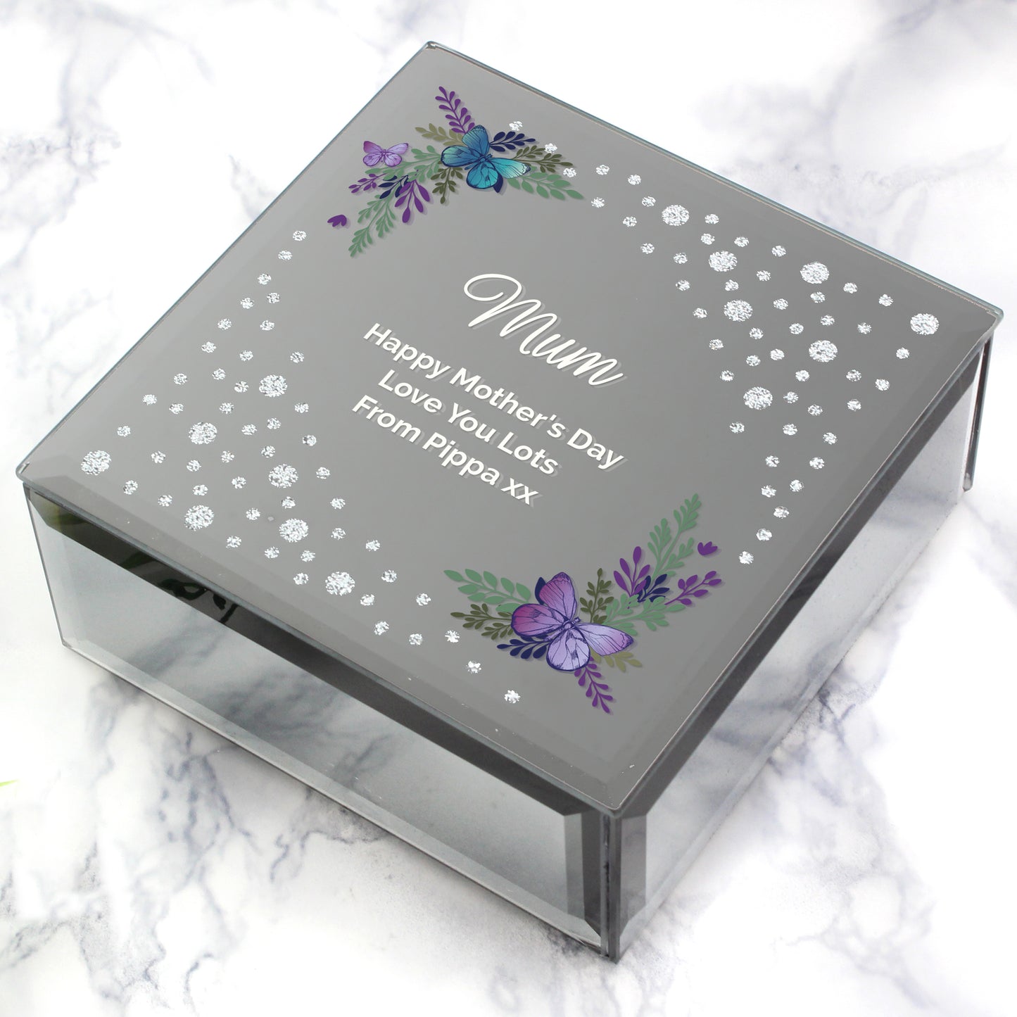 Floral Butterfly Diamante Glass Trinket Box