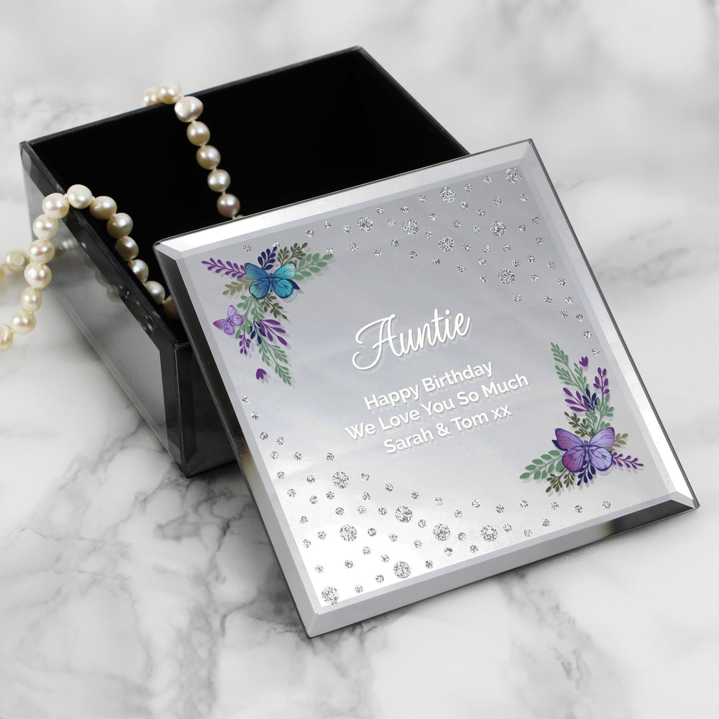 Floral Butterfly Diamante Glass Trinket Box