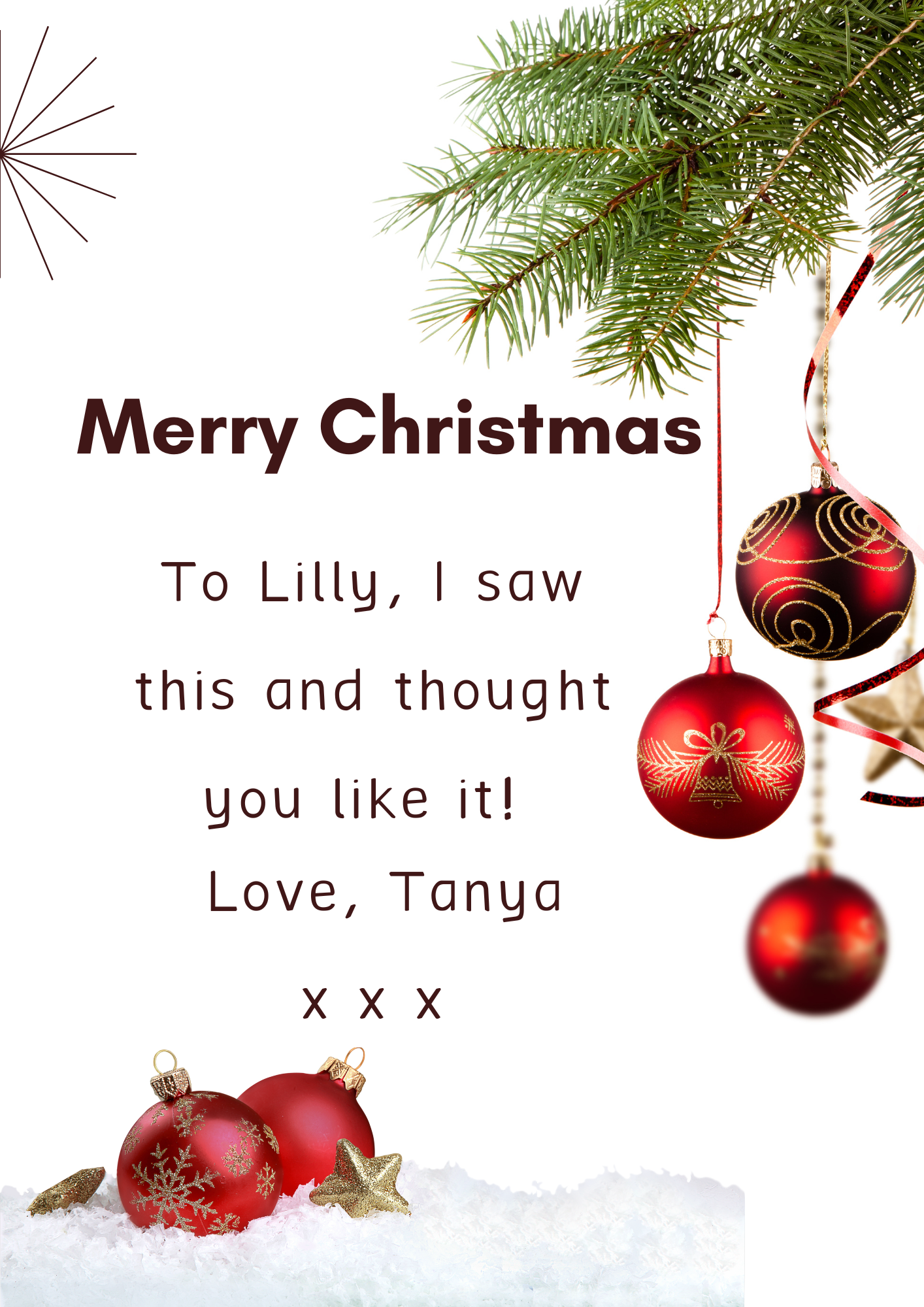 Christmas card with red ornaments and snowy background, featuring a personalized message.