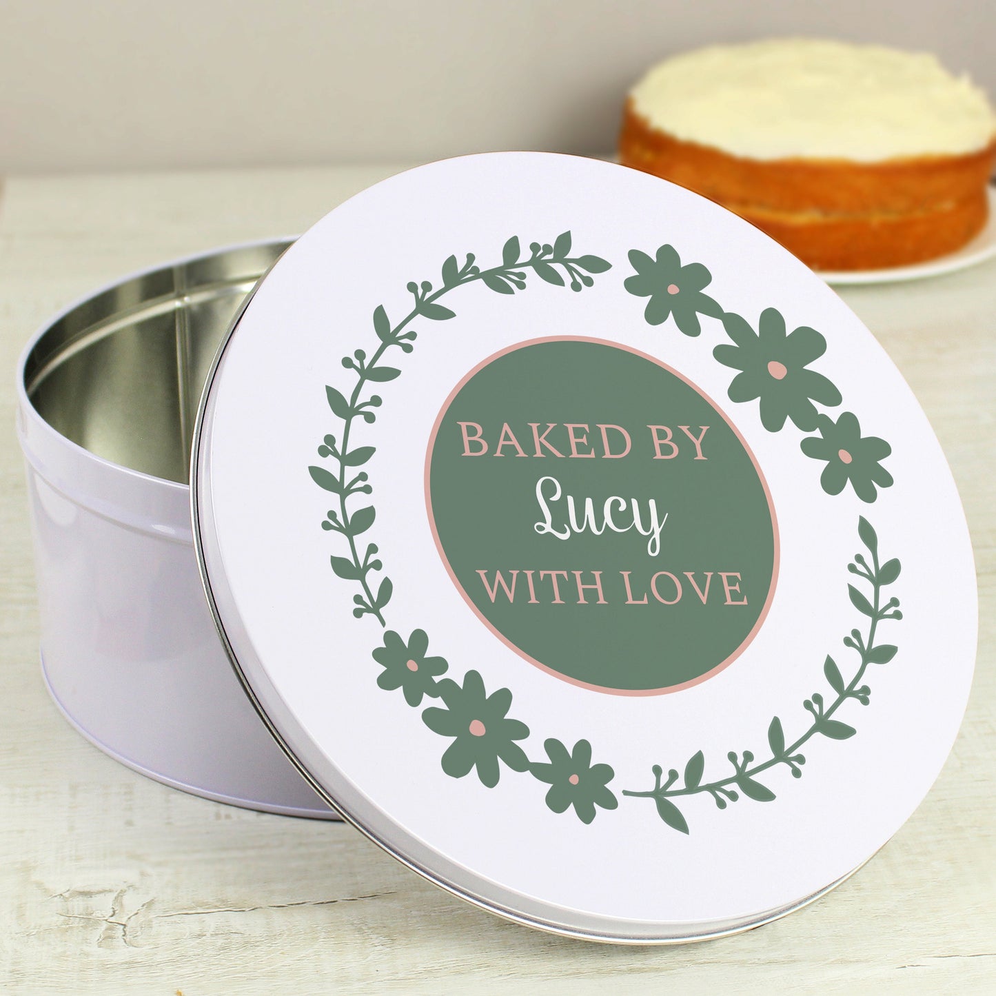 Personalised Vintage Floral Style Round Cake Tin Design Dusty Pink Pickle Green