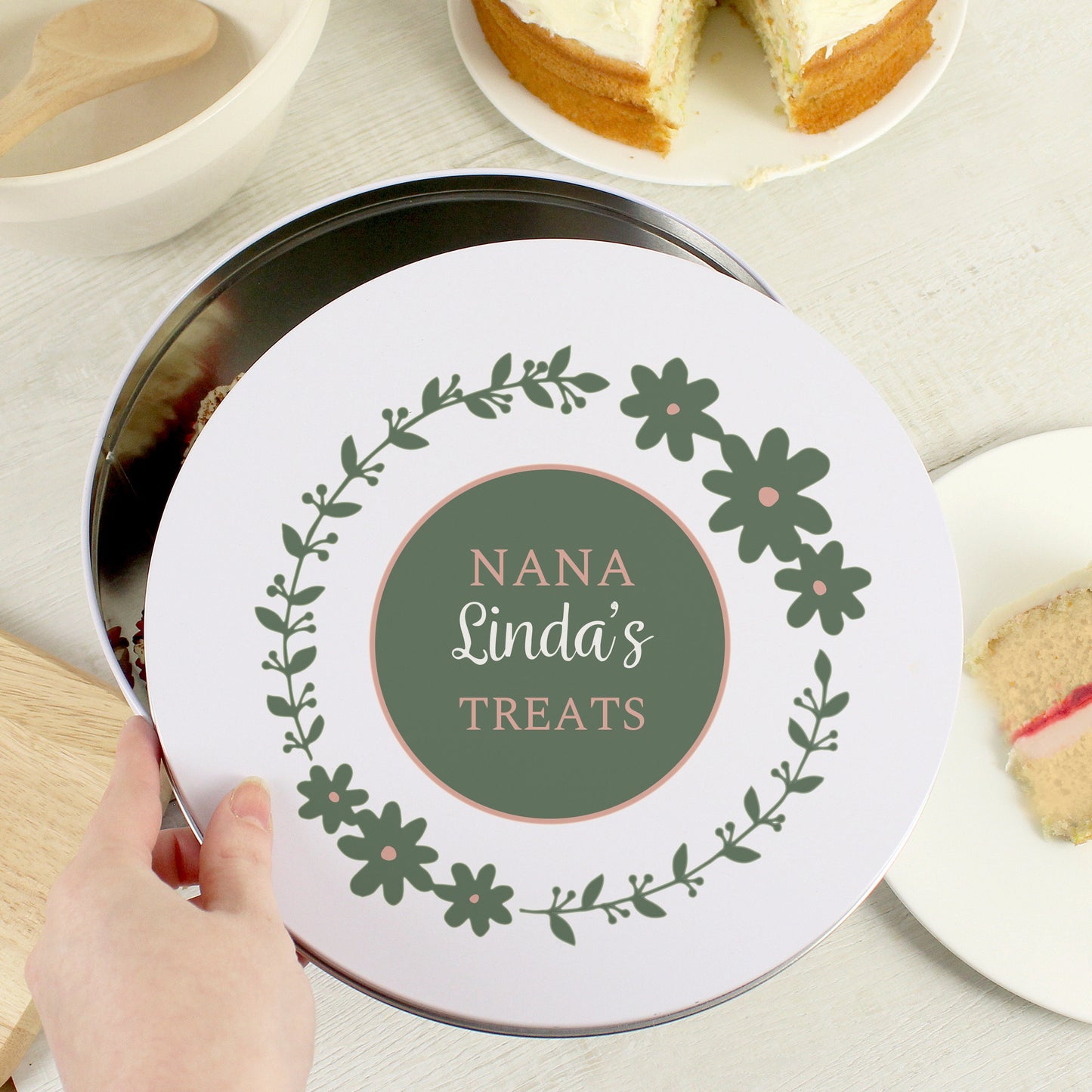 Personalised Vintage Floral Style Round Cake Tin Design Dusty Pink Pickle Green