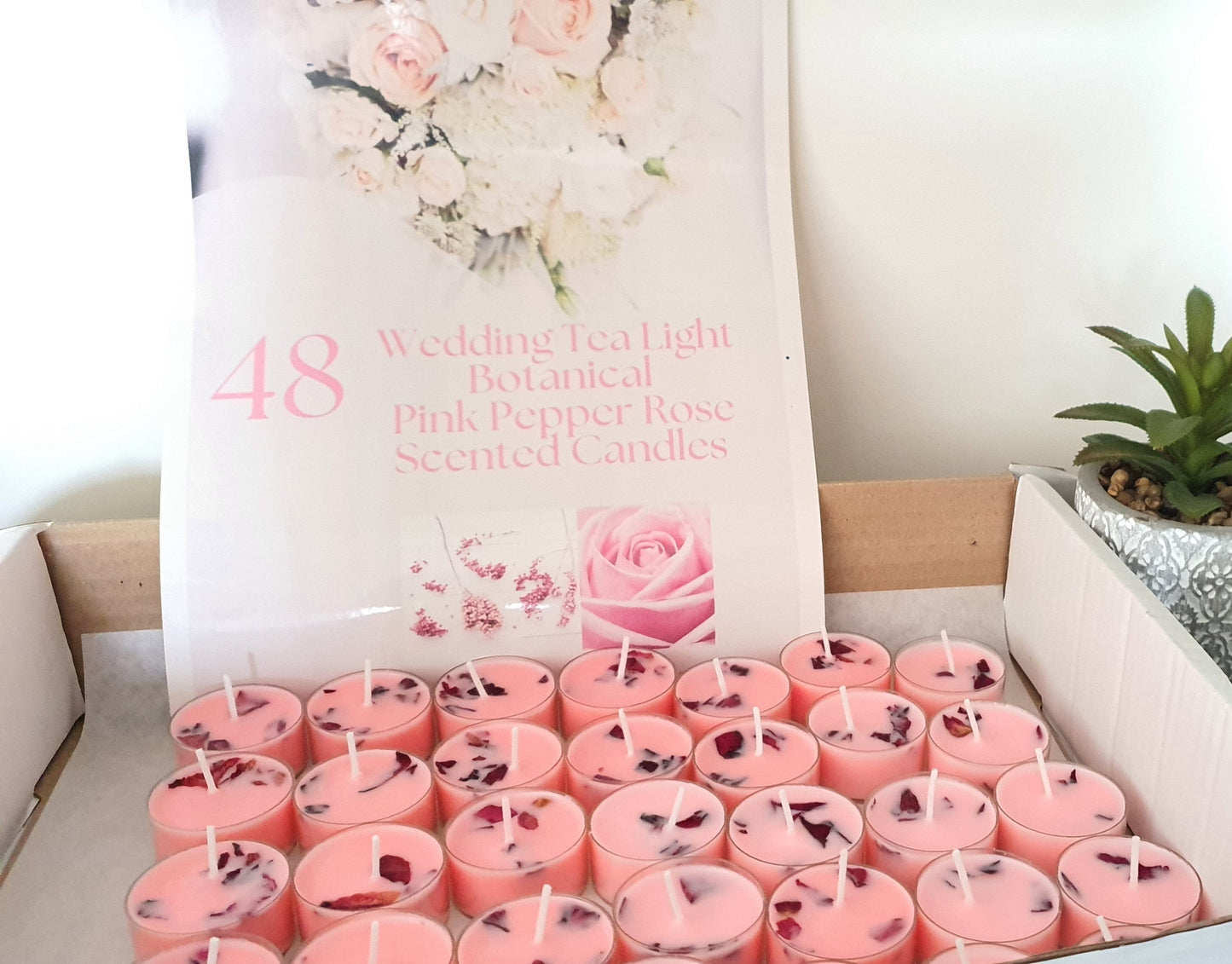 a Set of 48 Pink Pepper Rose Infusion Tea Lights Candles, Botantial Fresh Petals