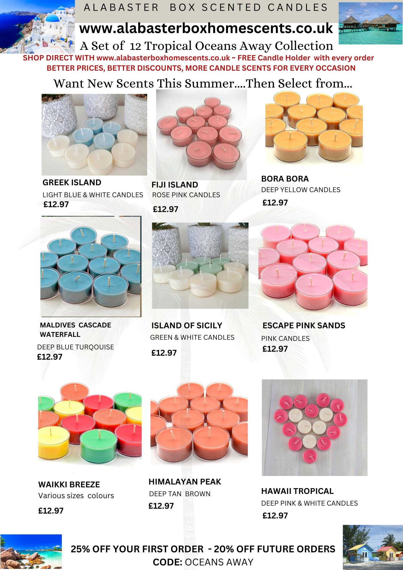 Fresh Tropical Oceans Away Scented Tea Light Candles 6 Hours- 18 Scents, 12, 24 Pack