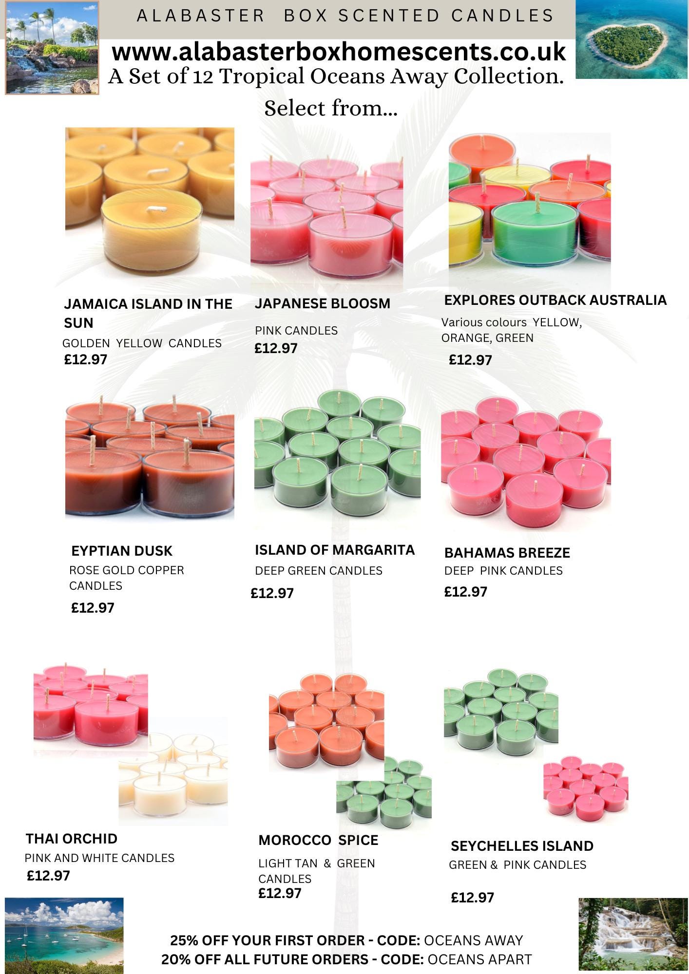 Fresh Tropical Oceans Away Scented Tea Light Candles 6 Hours- 18 Scents, 12, 24 Pack