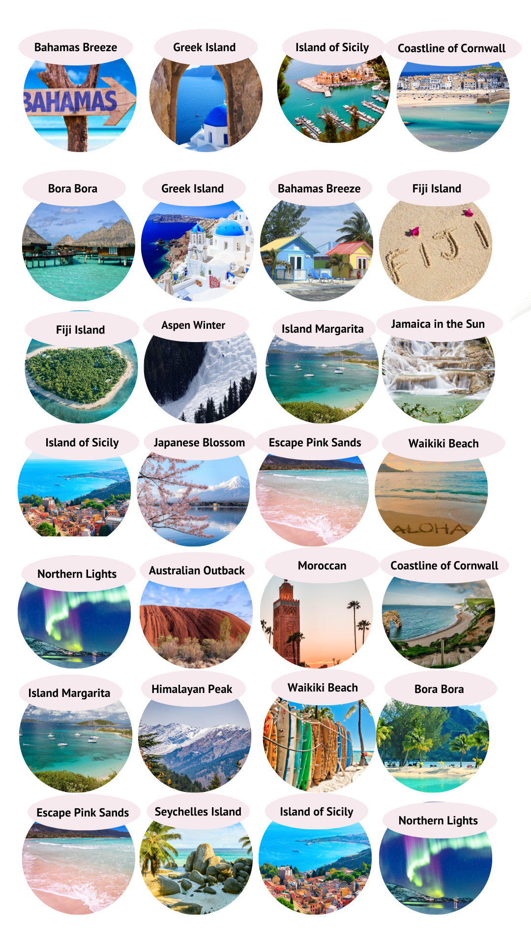 Ocean Away Collection of Tea light Scented Candles images showcasing various travel destinations with scenic views.