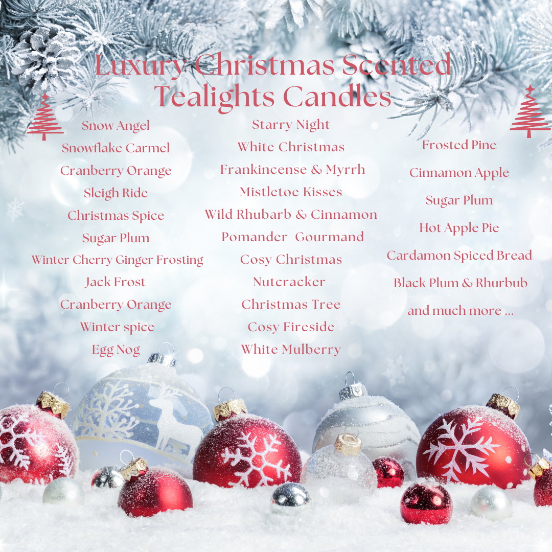 List of luxury Christmas scented tealights candles with decorative elements on a snowy background.