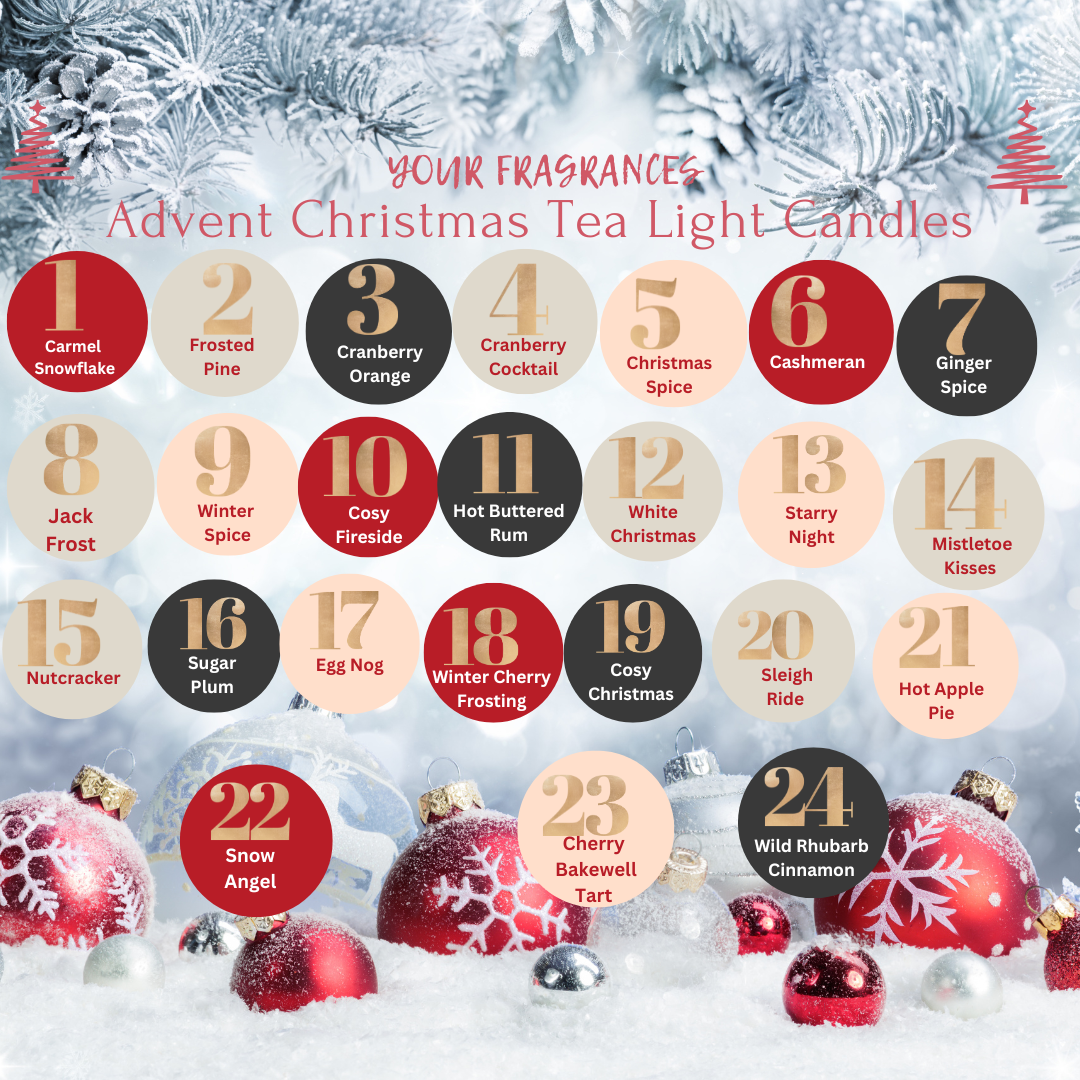 Advent calendar for Christmas tea light candles with scented options and festive decorations.