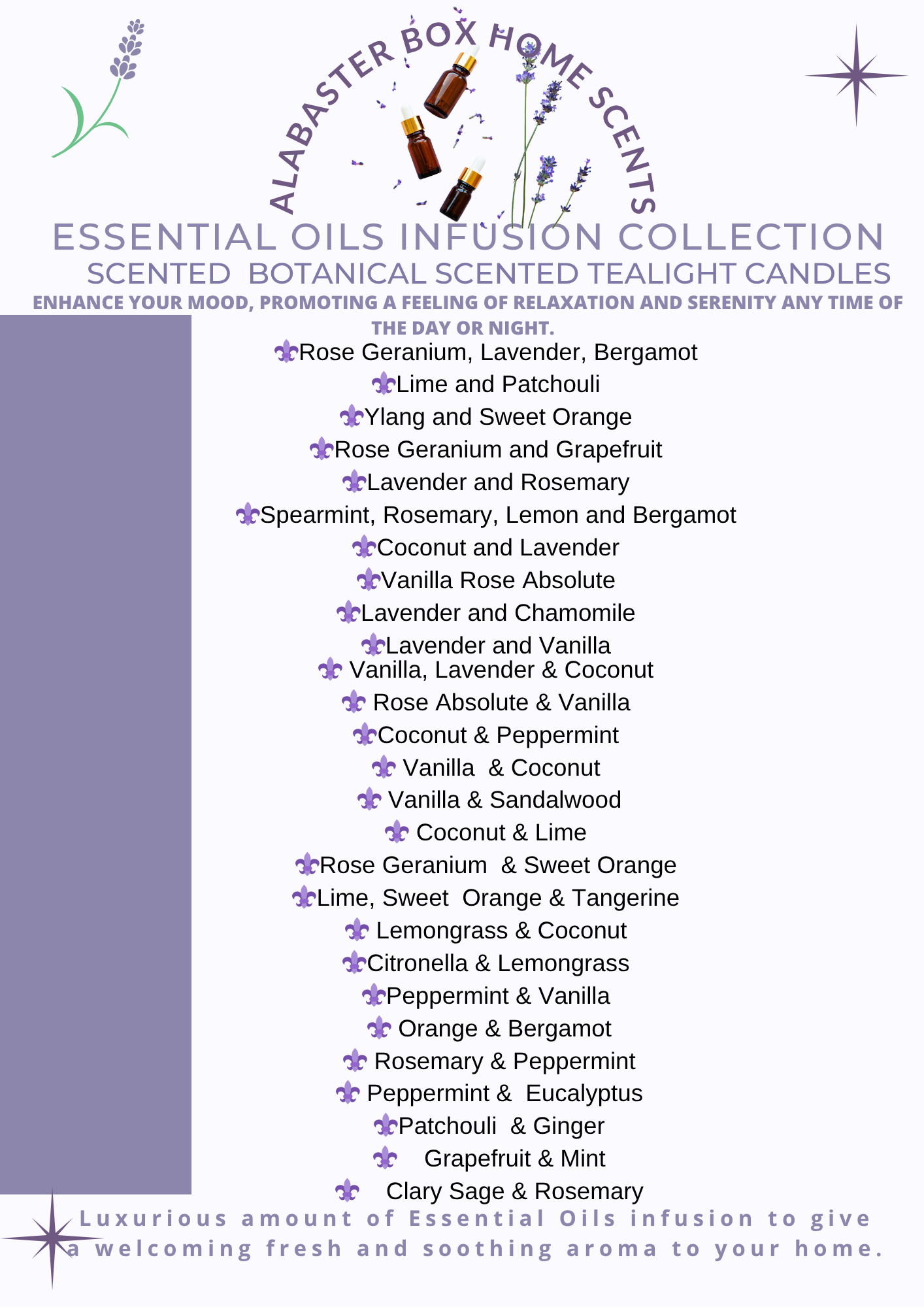 Alabaster Box Home Scents essential oils infusion collection with scented candles and their respective scents.