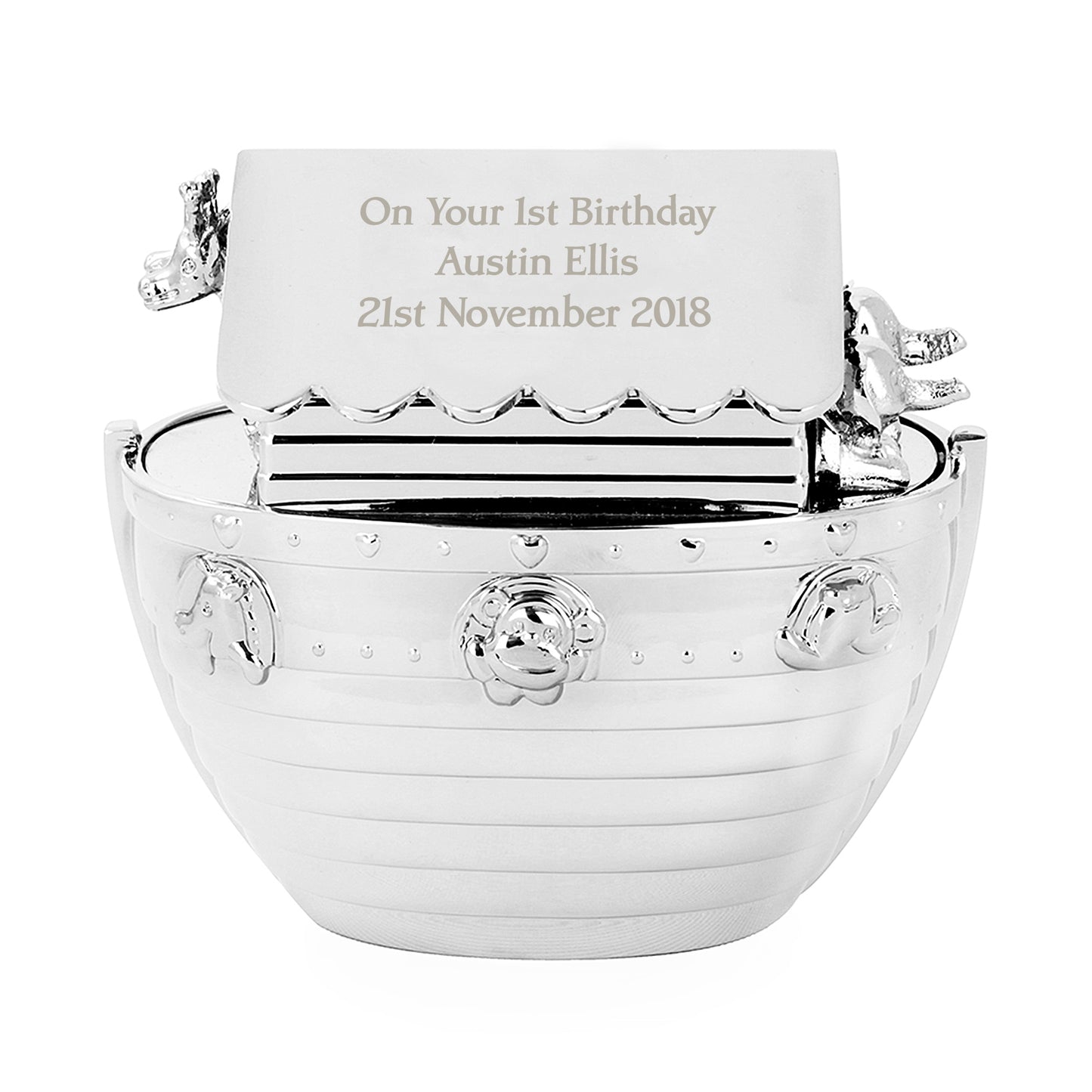 Silver Noahs Ark Text Money Box