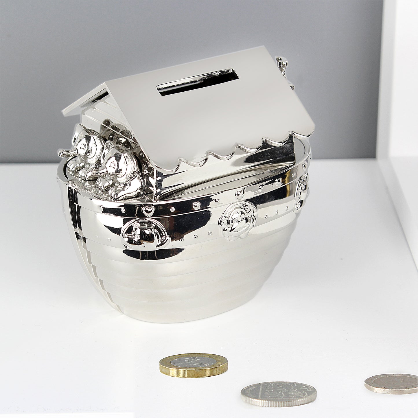 Silver Noahs Ark Text Money Box