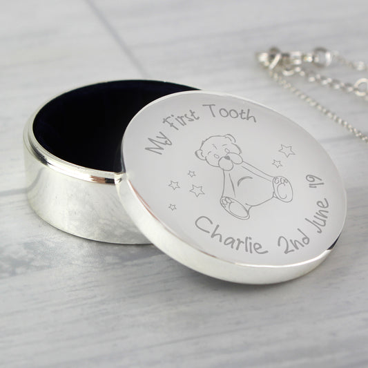 Personalised 1st Tooth Silver Trinket Box Gift for Baby Boy Girl Gift - Teddy Bear Design - Christening Baptism Newborn Gift