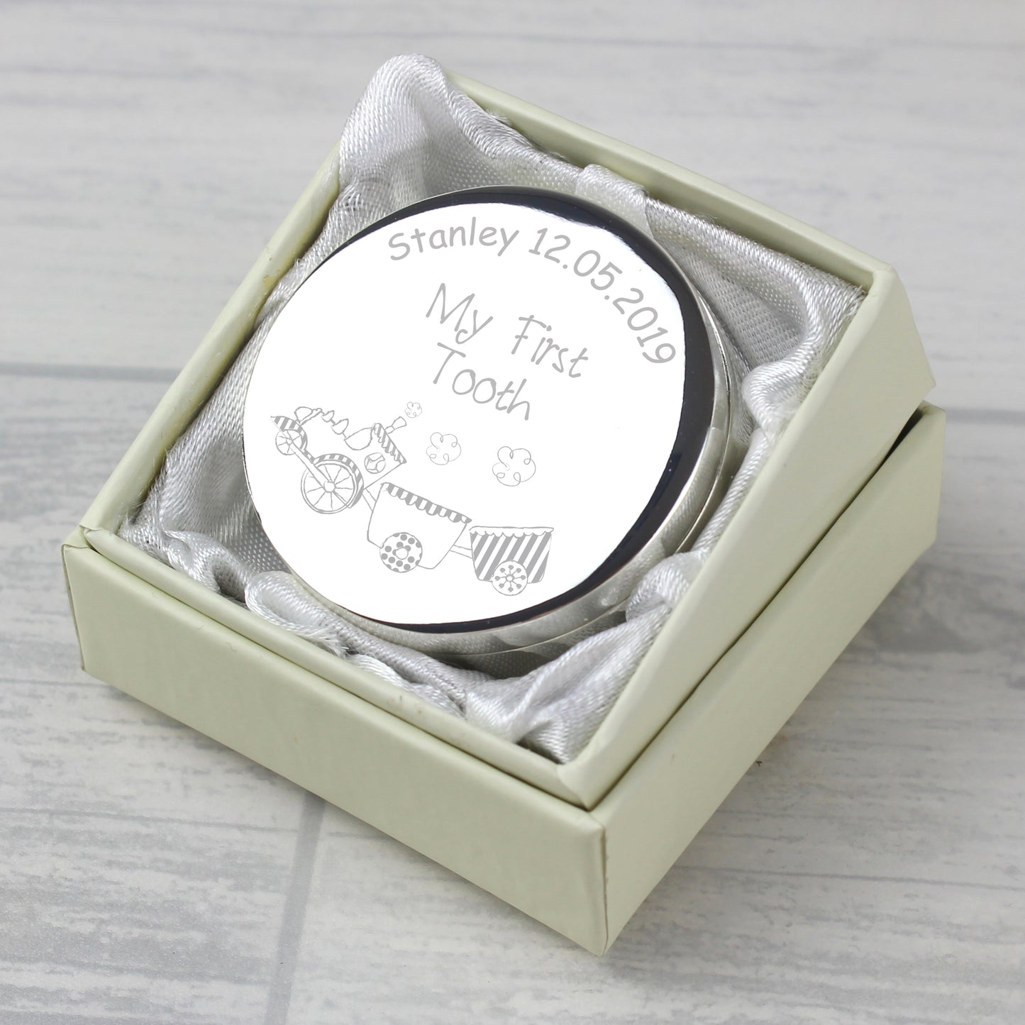 Personalised Circle Silver 1st Tooth Trinket Box