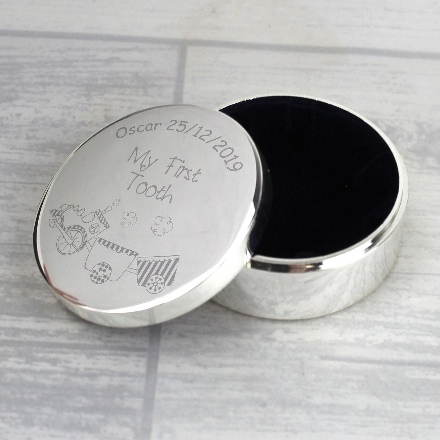 Personalised Circle Silver 1st Tooth Trinket Box