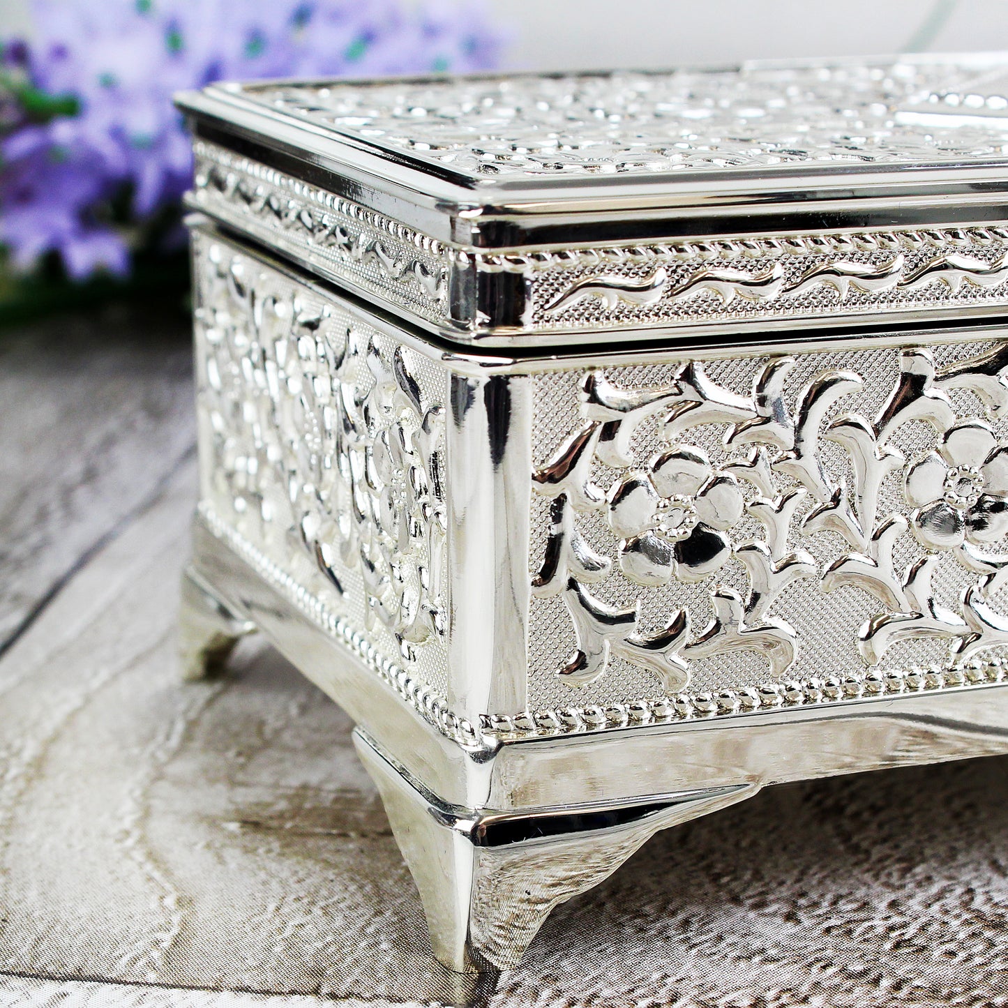 Swirls & Hearts Antique Silver Plated Jewellery Box