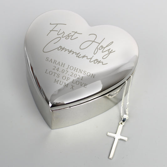 First Holy Communion Heart Trinket Box & Cross Necklace Set