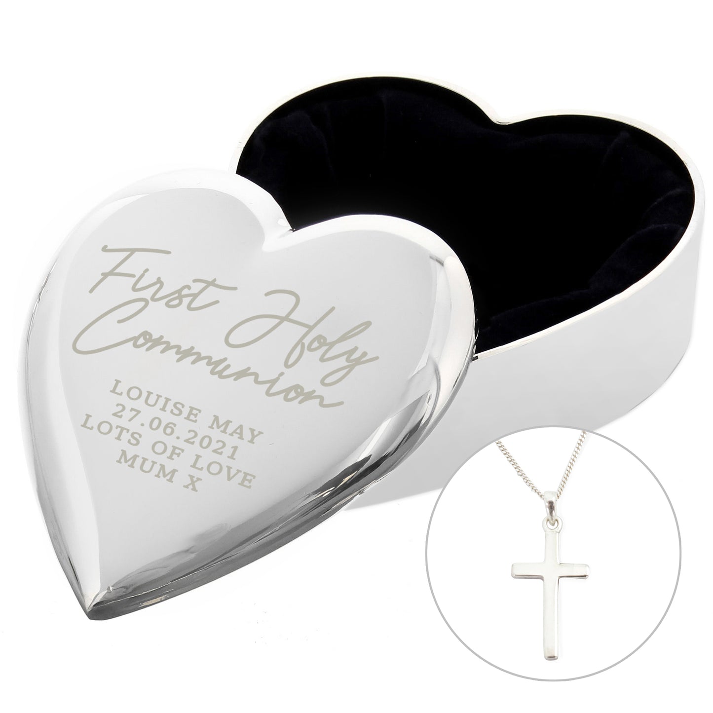 First Holy Communion Heart Trinket Box & Cross Necklace Set