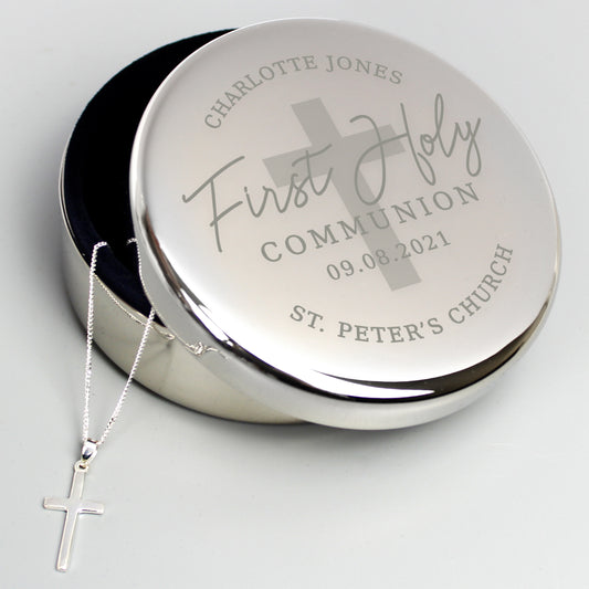 First Holy Communion Round Trinket Box & Cross Necklace Set