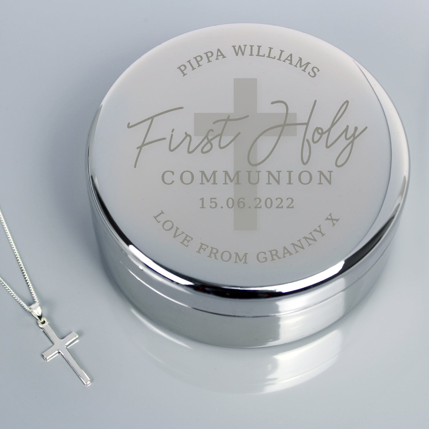 First Holy Communion Round Trinket Box & Cross Necklace Set