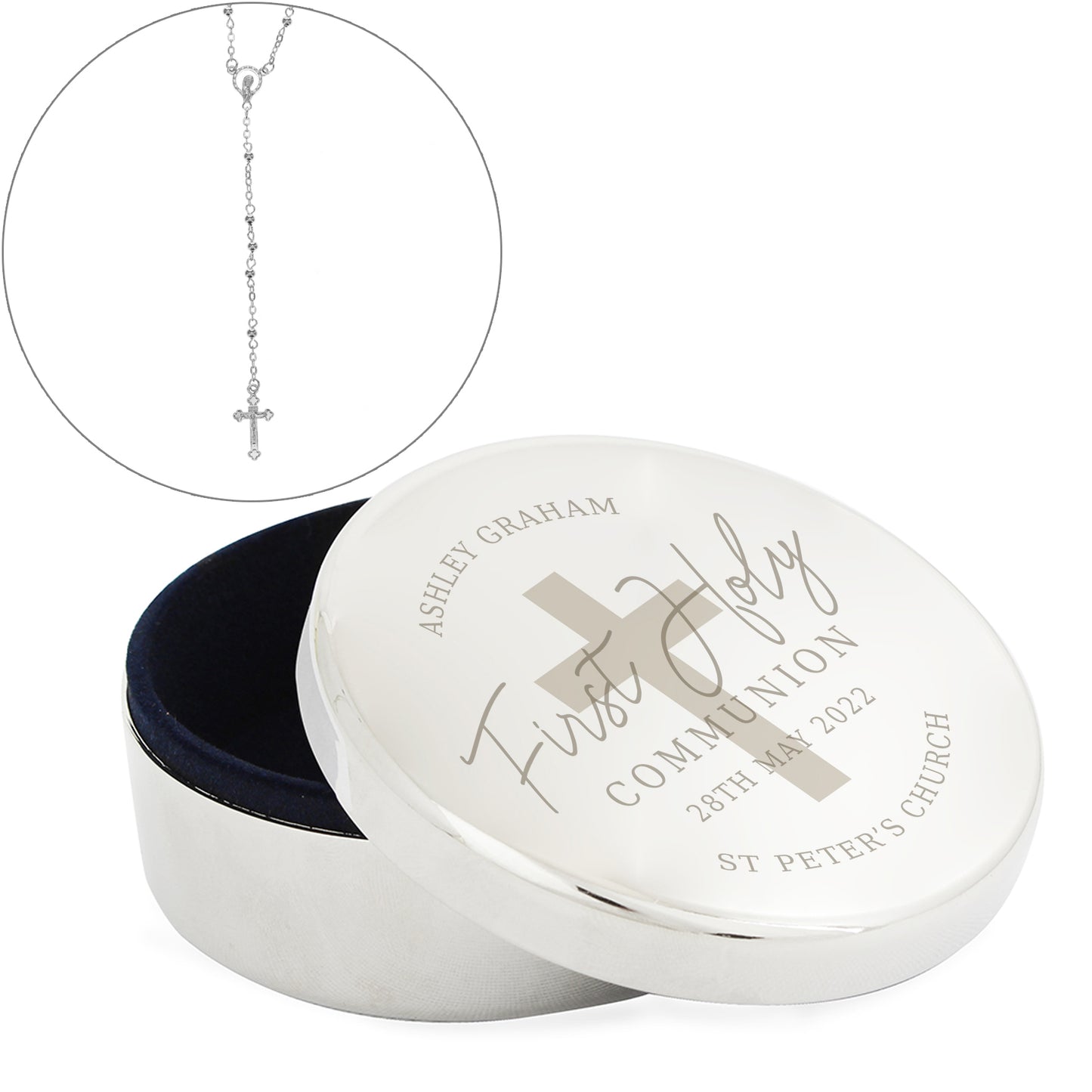 First Holy Communion Round Trinket Box & Rosary Beads Set