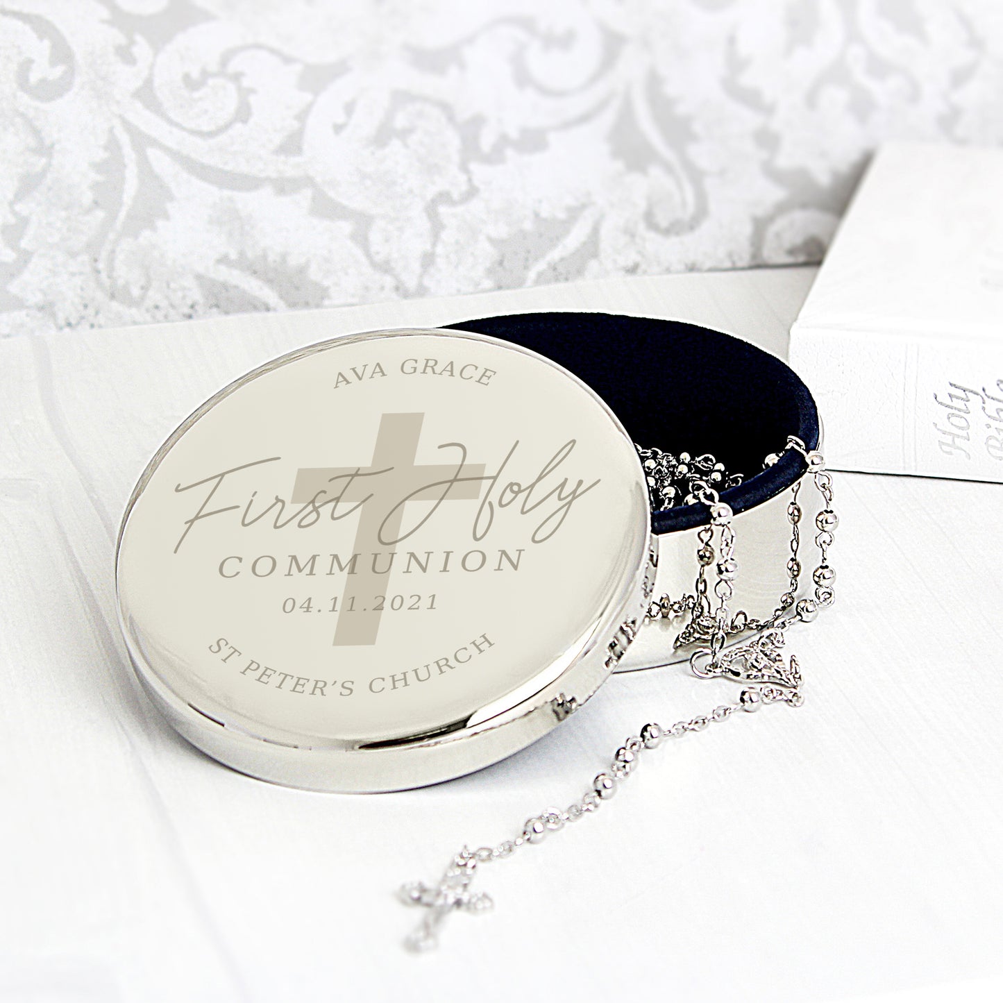 First Holy Communion Round Trinket Box & Rosary Beads Set