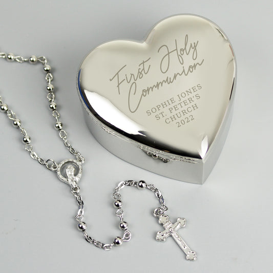 First Holy Communion Rosary Beads and Cross Heart Trinket Box