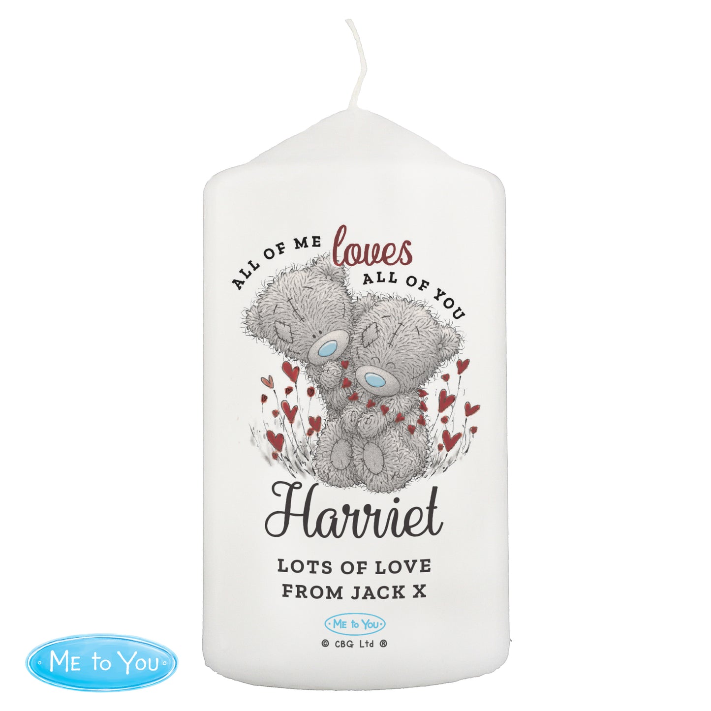 Personalised Me to You Red Hearts Pillar Candle