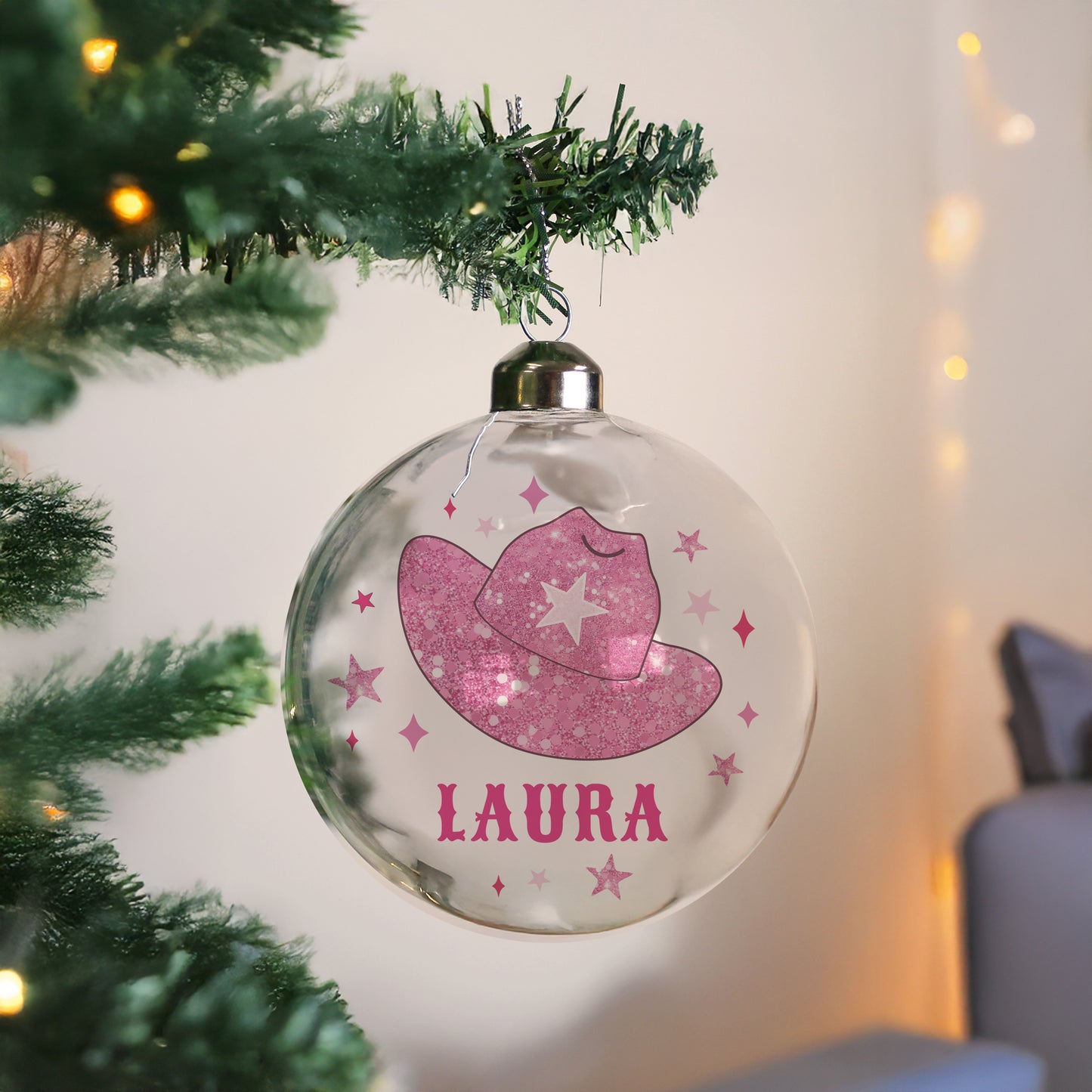 Glass Christmas Bauble - Pink Cowgirl Hat